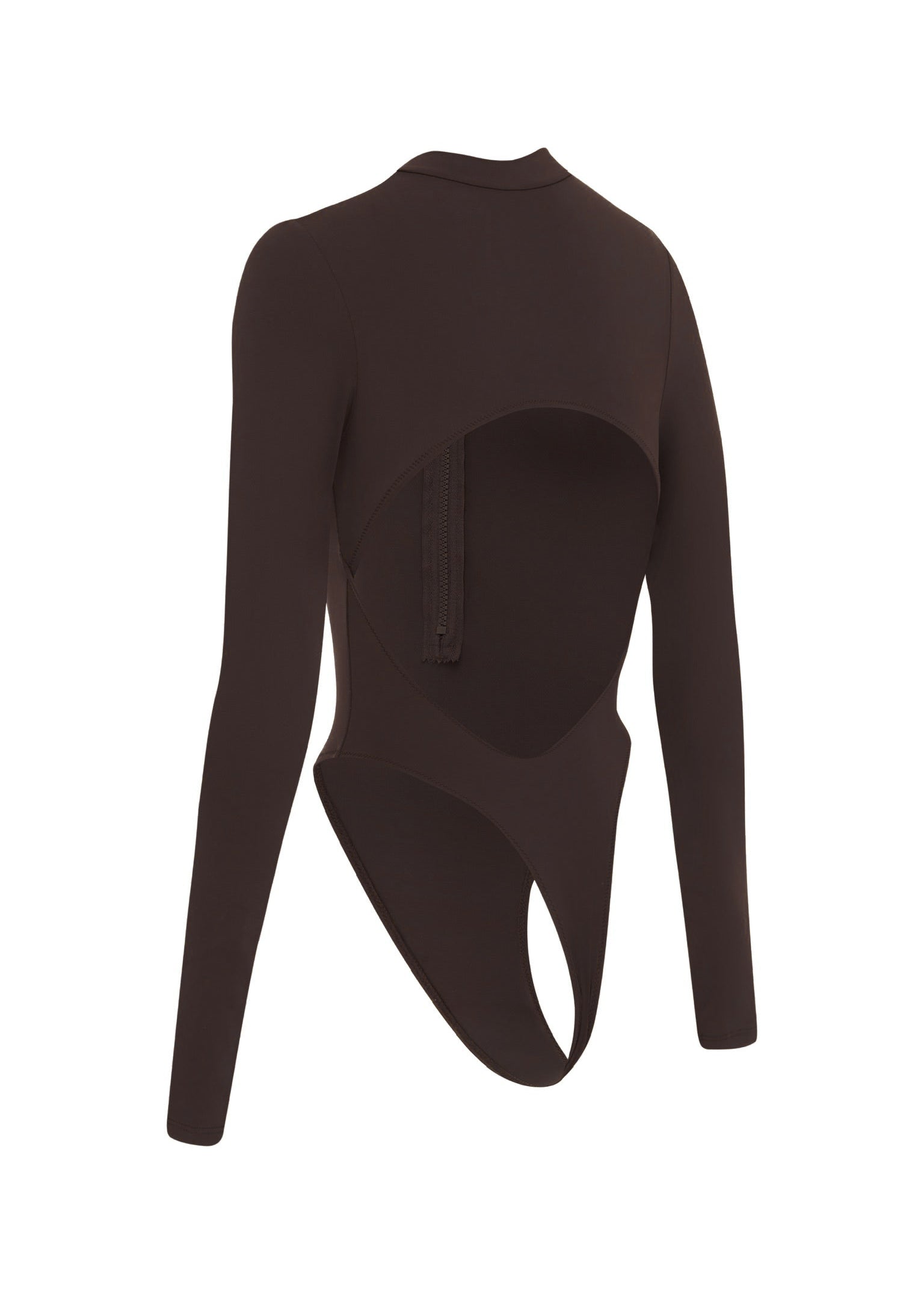 A black long-sleeve bodysuit with a high mock neck and a cutout on the back, displayed on a clean white background.
