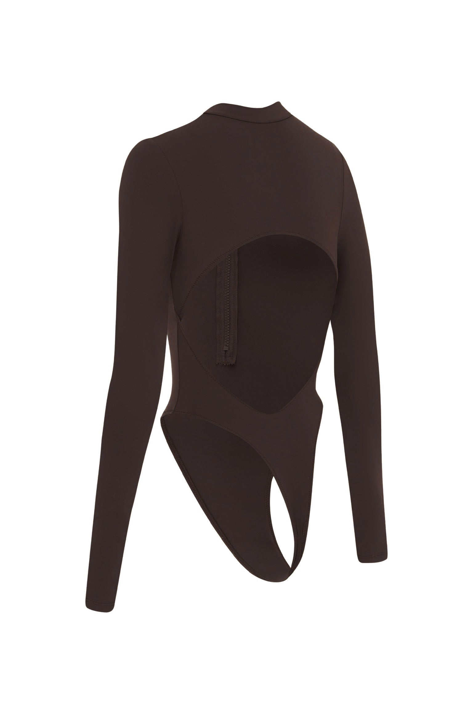 A black long-sleeve bodysuit with a high mock neck and a cutout on the back, displayed on a clean white background.