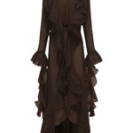 Brown ruffled beach robe on a white background.