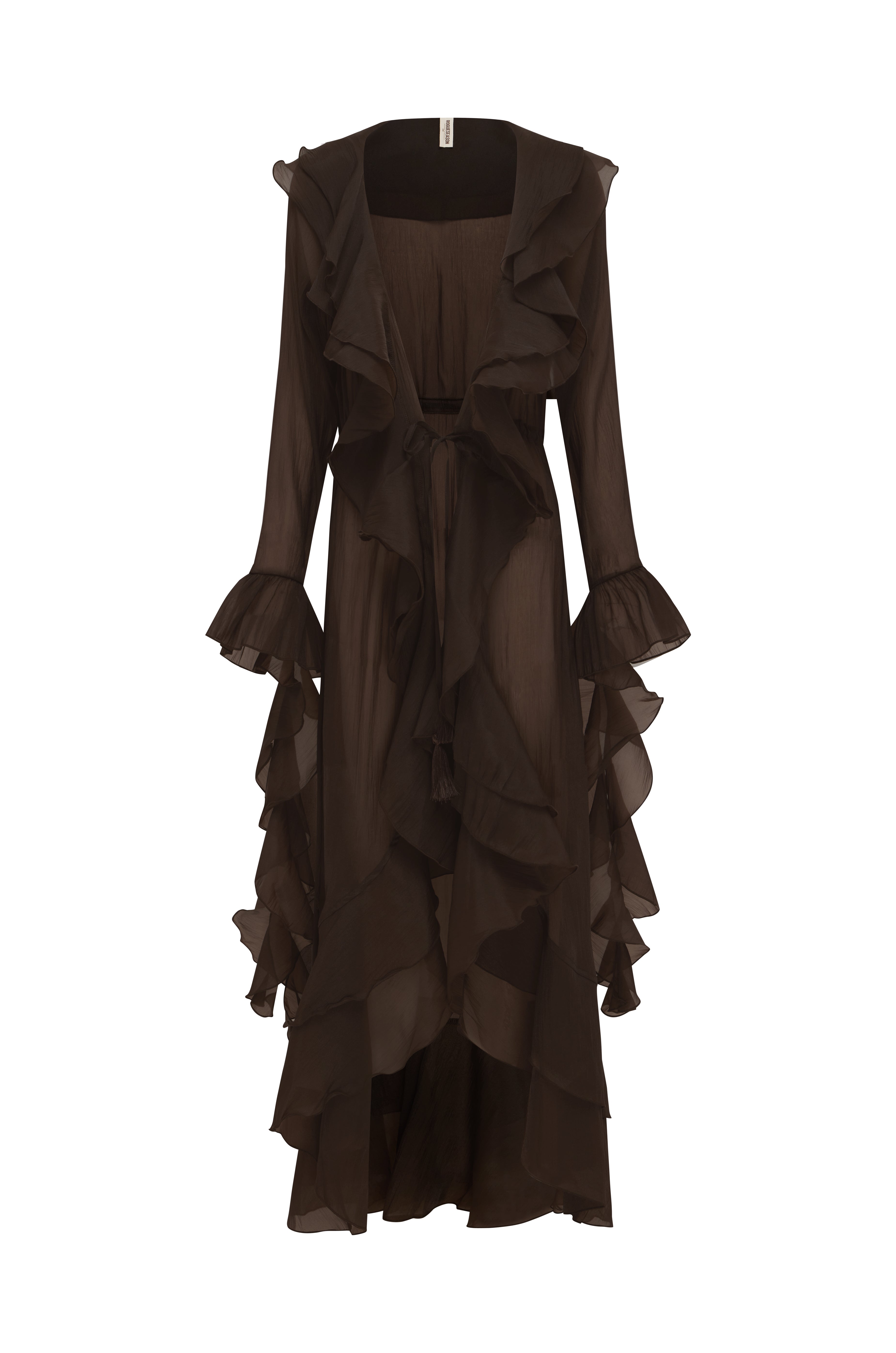 Brown ruffled beach robe on a white background.