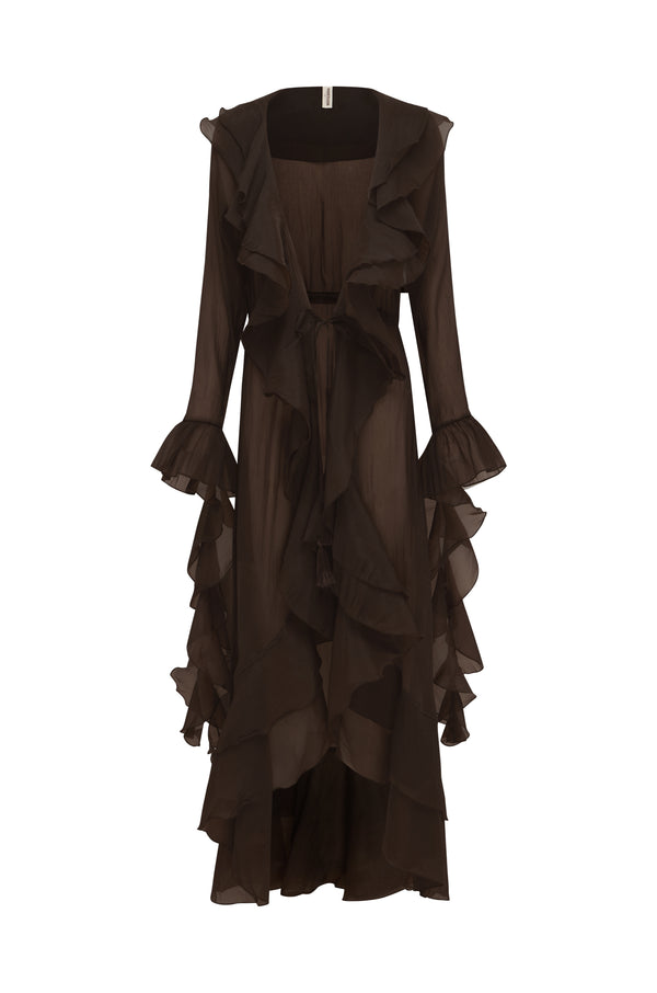 Brown ruffled beach robe on a white background.