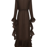 Back image of a brown ruffled beach robe on a white background.