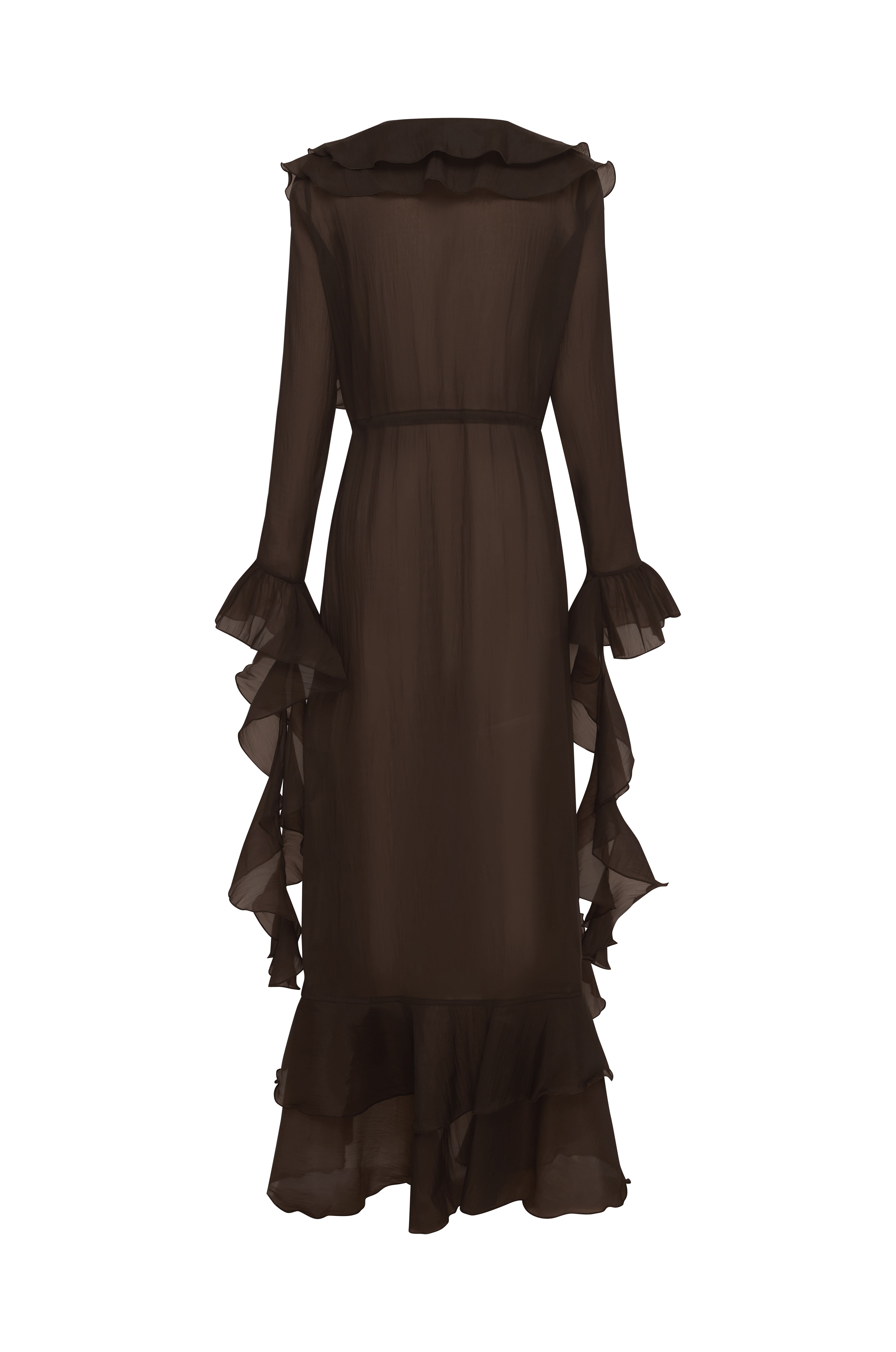 Back image of a brown ruffled beach robe on a white background.