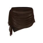 Brown ruched sheer mini skirt on a white background.