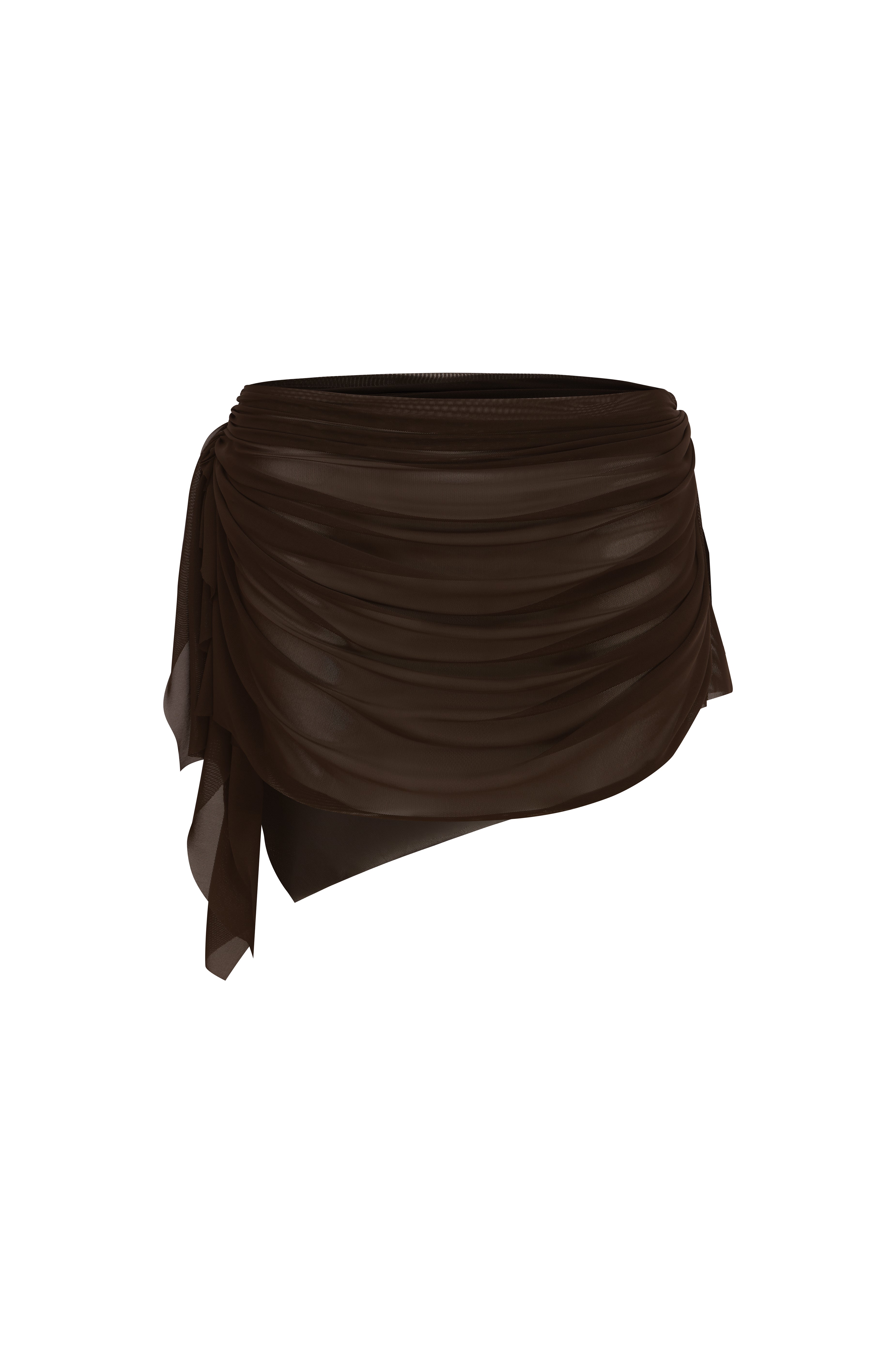 Brown ruched sheer mini skirt on a white background.