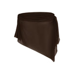 Back of a brown ruched sheer mini skirt on a white background.