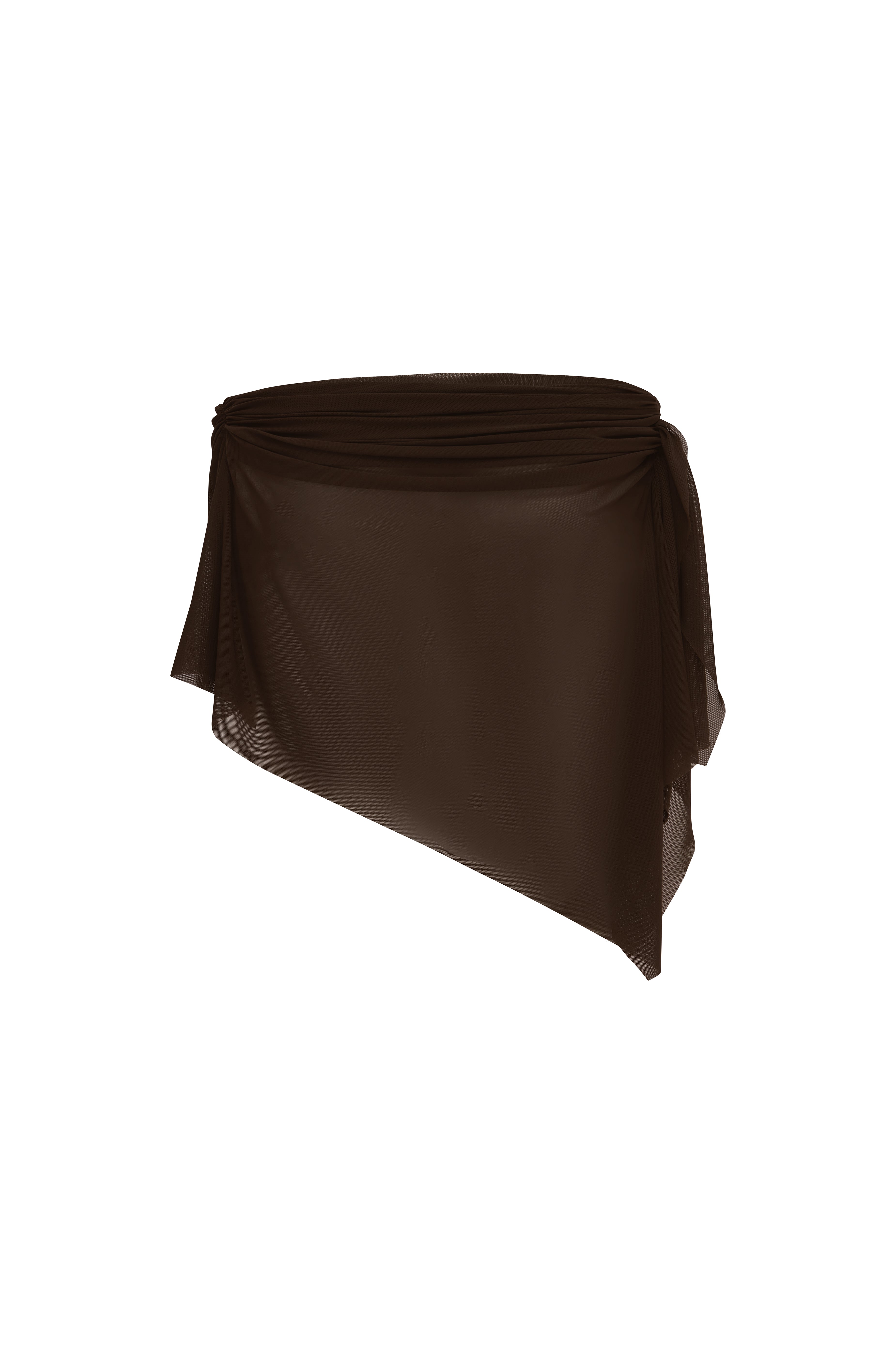 Back of a brown ruched sheer mini skirt on a white background.