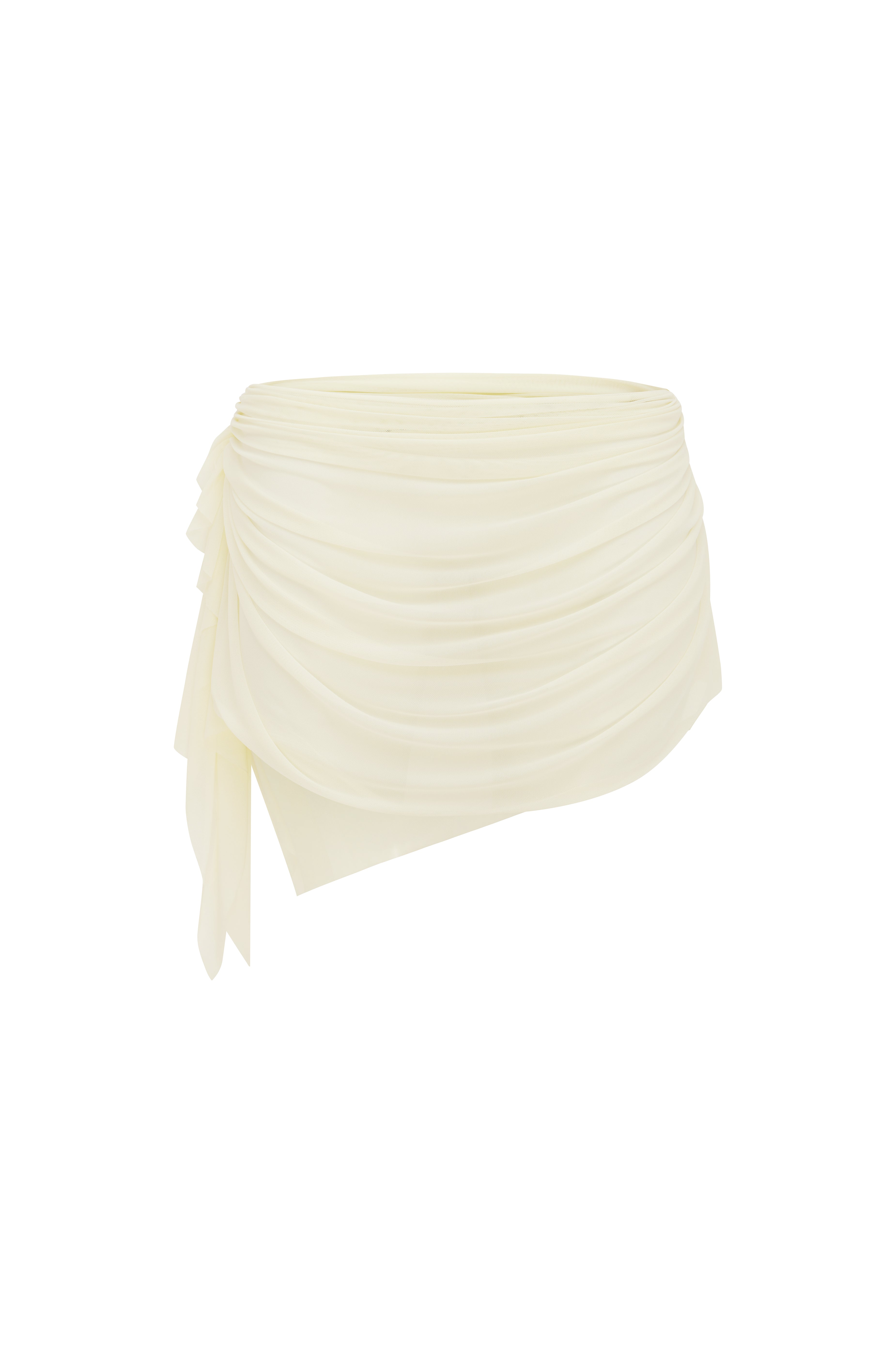 Ivory ruched sheer mini skirt on a white background.