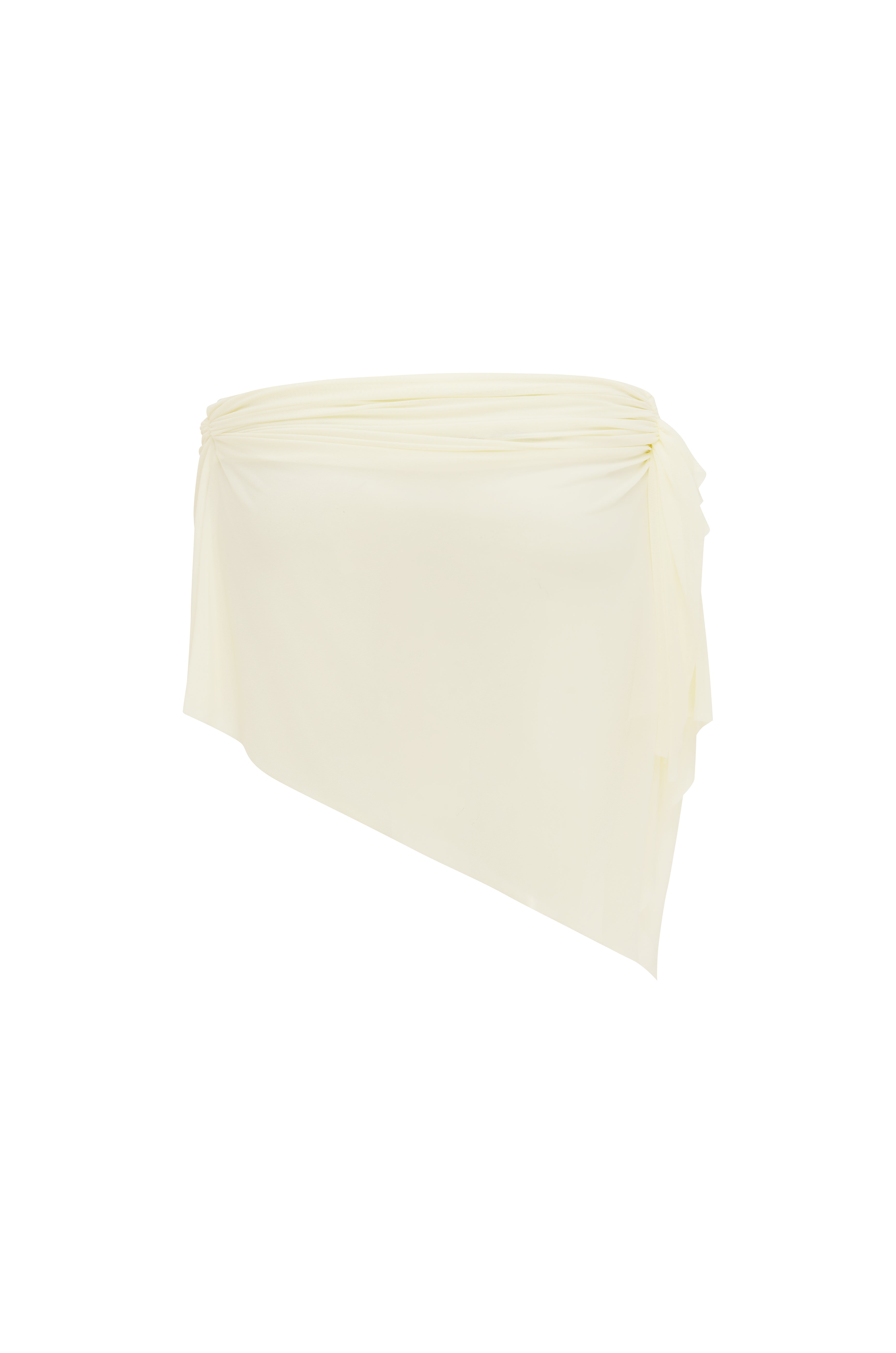 Backs shot of an Ivory ruched sheer mini skirt on a white background.