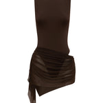 Brown one piece swimsuit styled with a draped ruched sheer mini skirt on a white background.