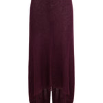 A burgundy knit midi skirt with a high-low hemline, displayed against a solid white background.