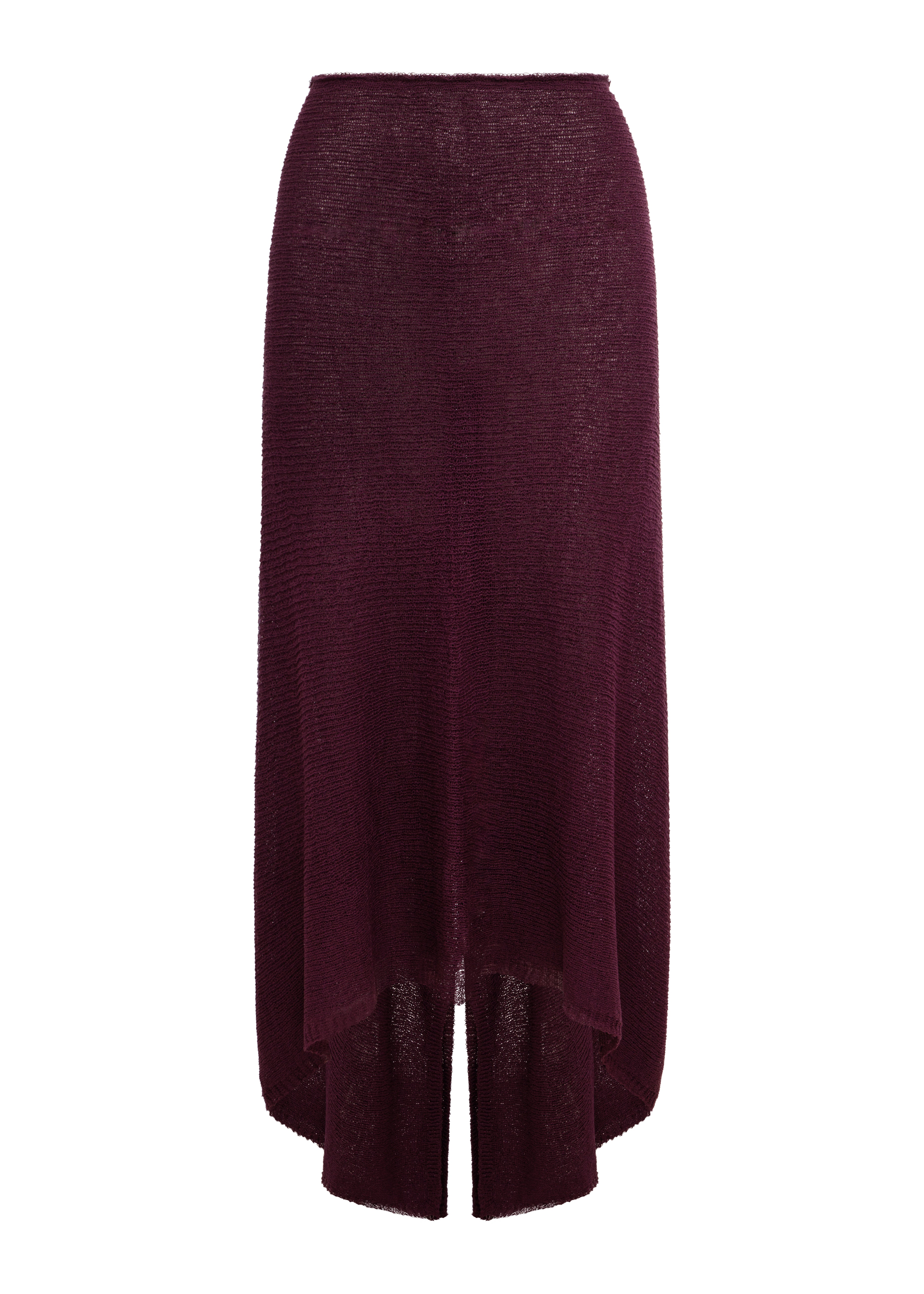 A burgundy knit midi skirt with a high-low hemline, displayed against a solid white background.