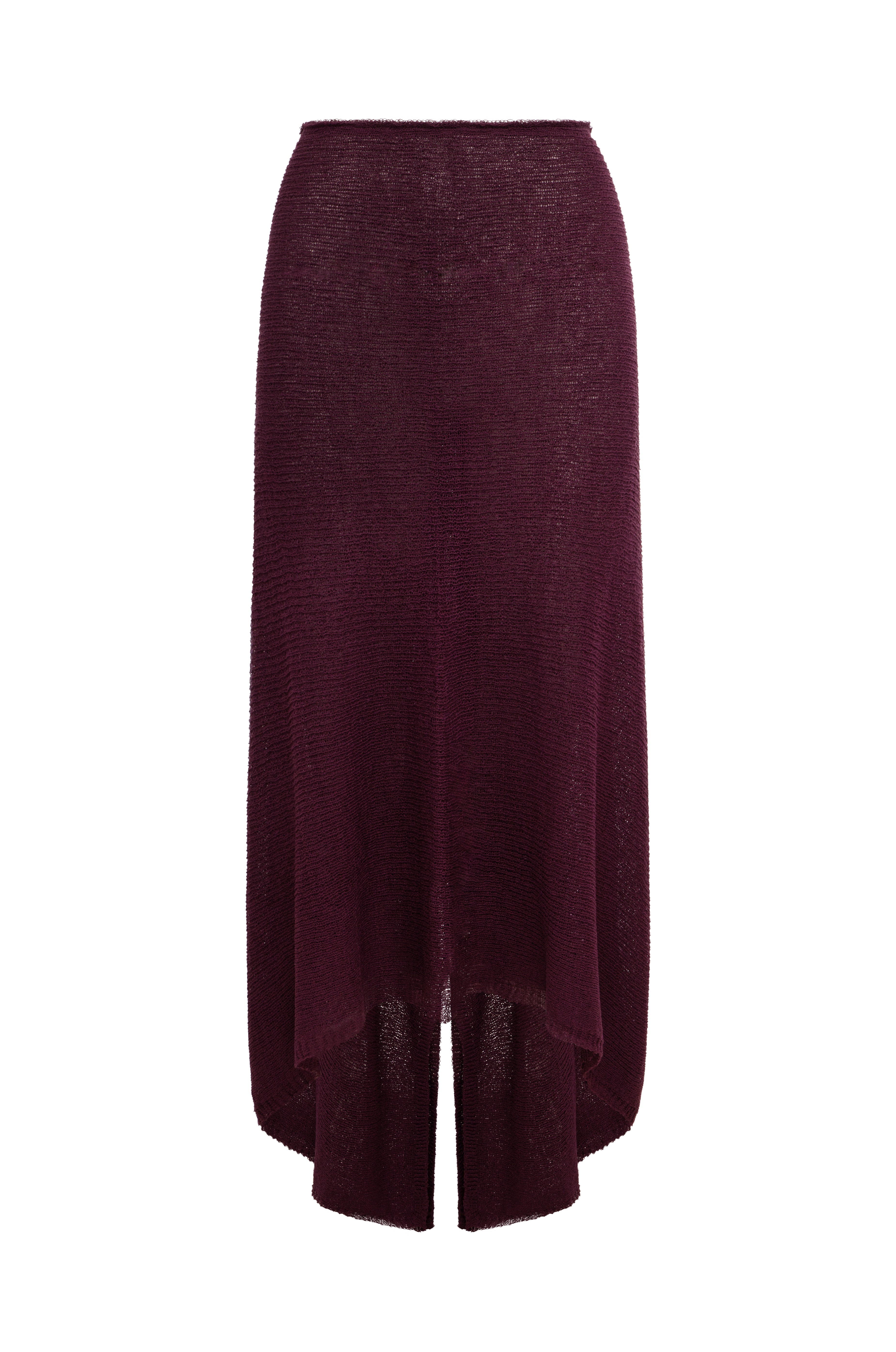 A burgundy knit midi skirt with a high-low hemline, displayed against a solid white background.