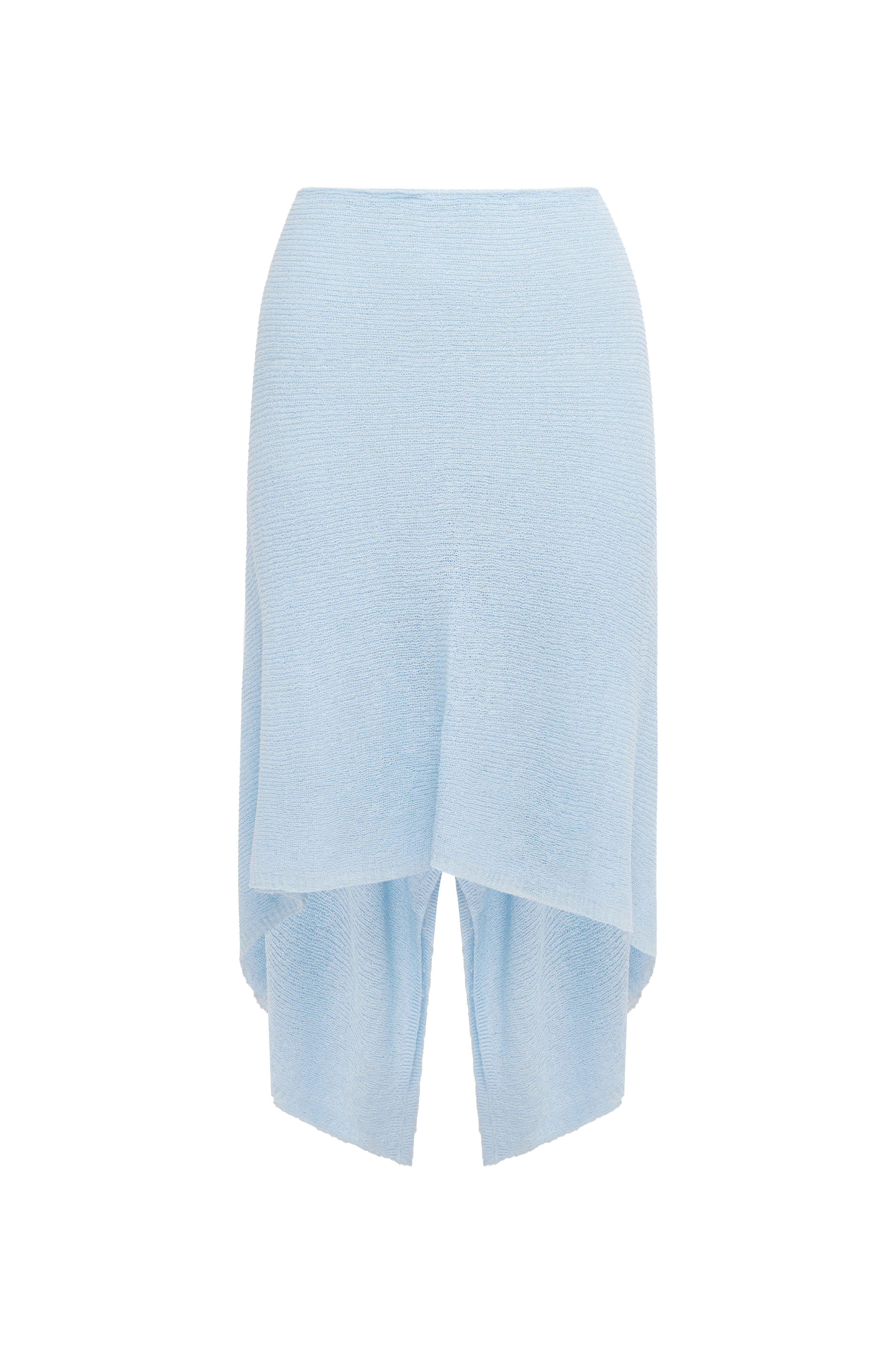 Light blue sheer midi skirt on a white background.