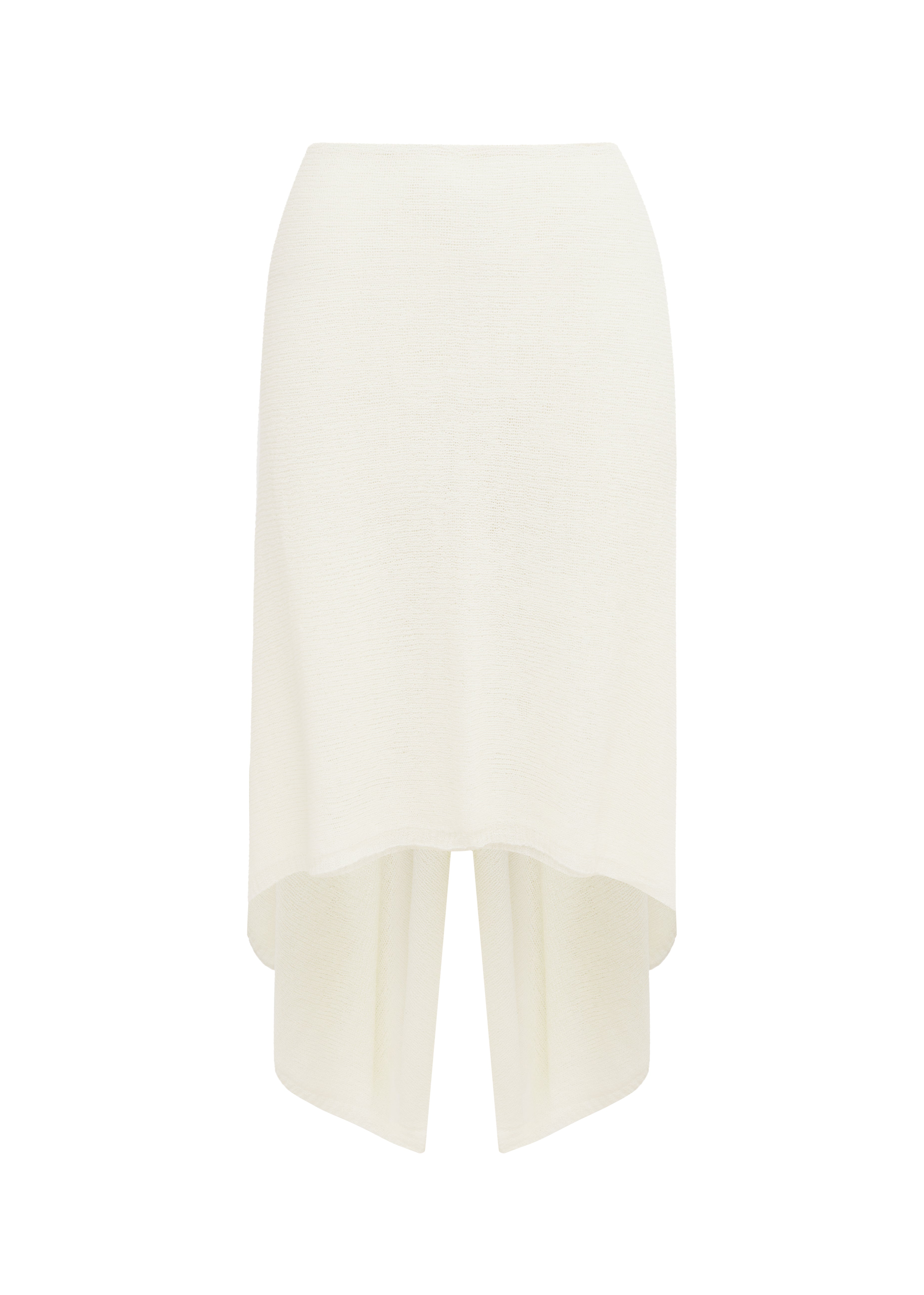Ivory knit midi skirt with a V-back and draped, asymmetrical hem, shown against a plain white background.