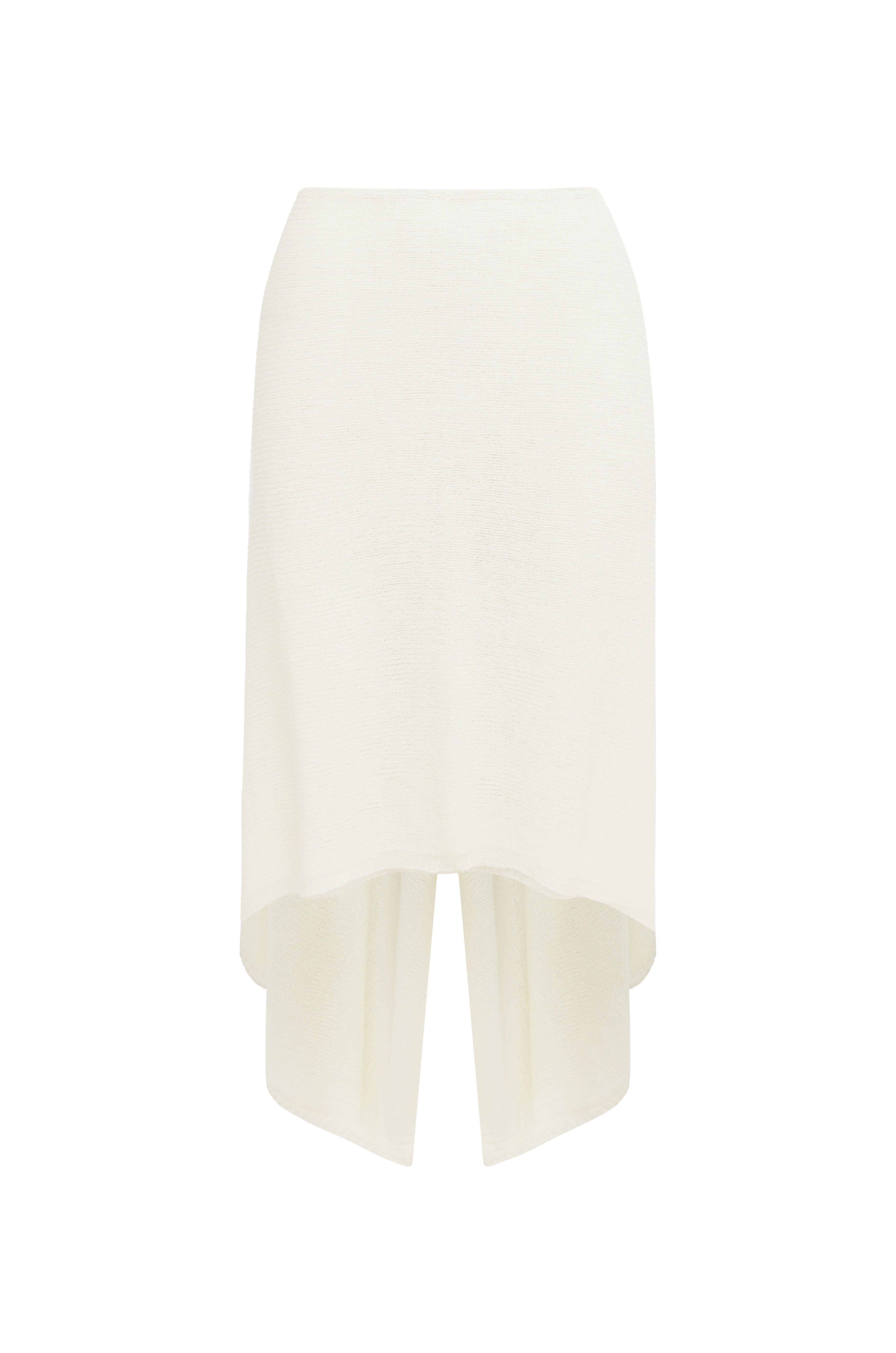 Ivory knit midi skirt with a V-back and draped, asymmetrical hem, shown against a plain white background.