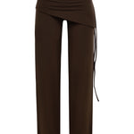 A pair of dark brown pants with an asymmetrical wrap-style waist and a side drawstring, shown against a plain white background.