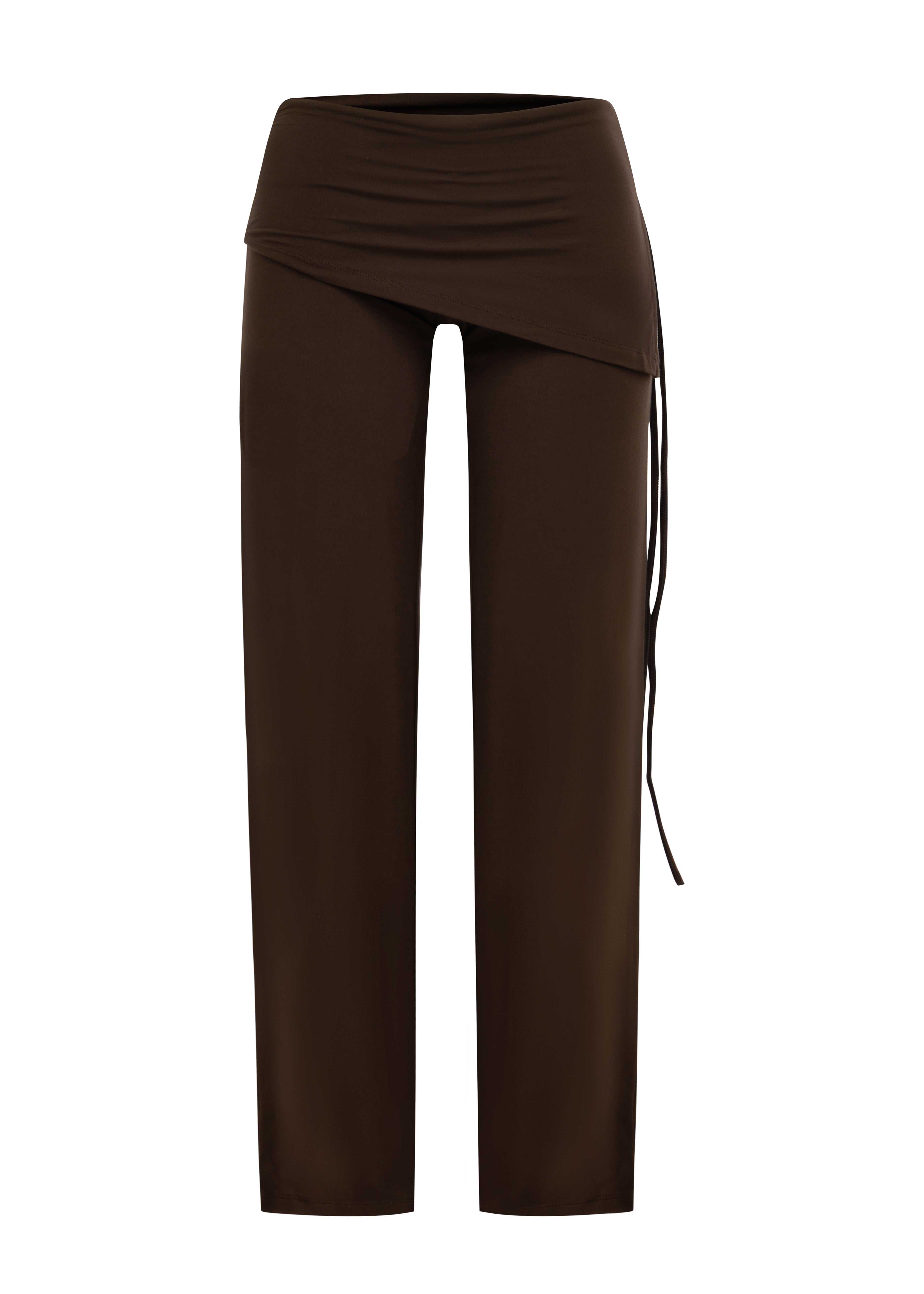 A pair of dark brown pants with an asymmetrical wrap-style waist and a side drawstring, shown against a plain white background.