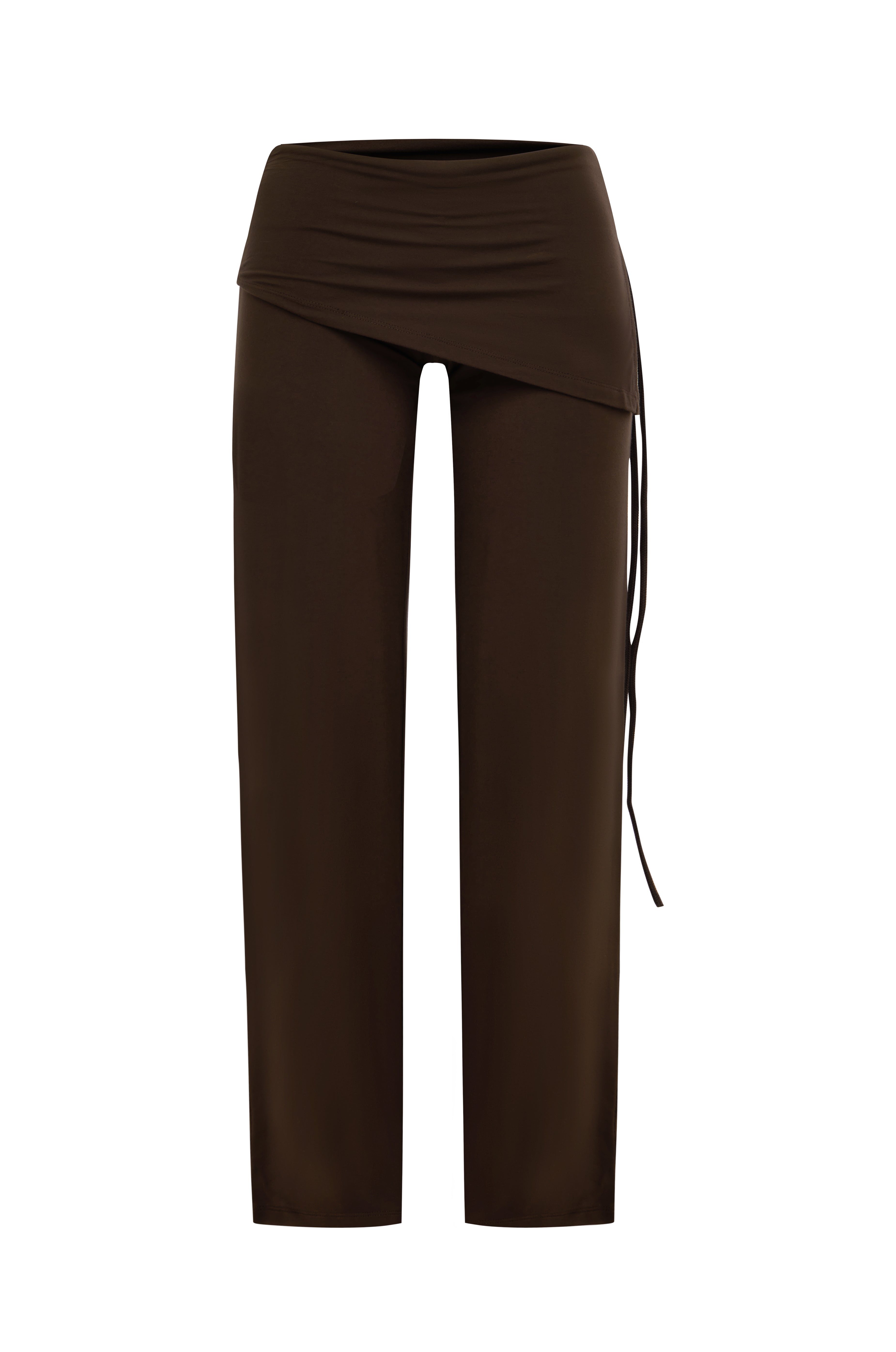 A pair of dark brown pants with an asymmetrical wrap-style waist and a side drawstring, shown against a plain white background.