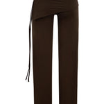 A pair of dark brown pants with an asymmetrical wrap-style waist and a side drawstring, shown against a plain white background.
