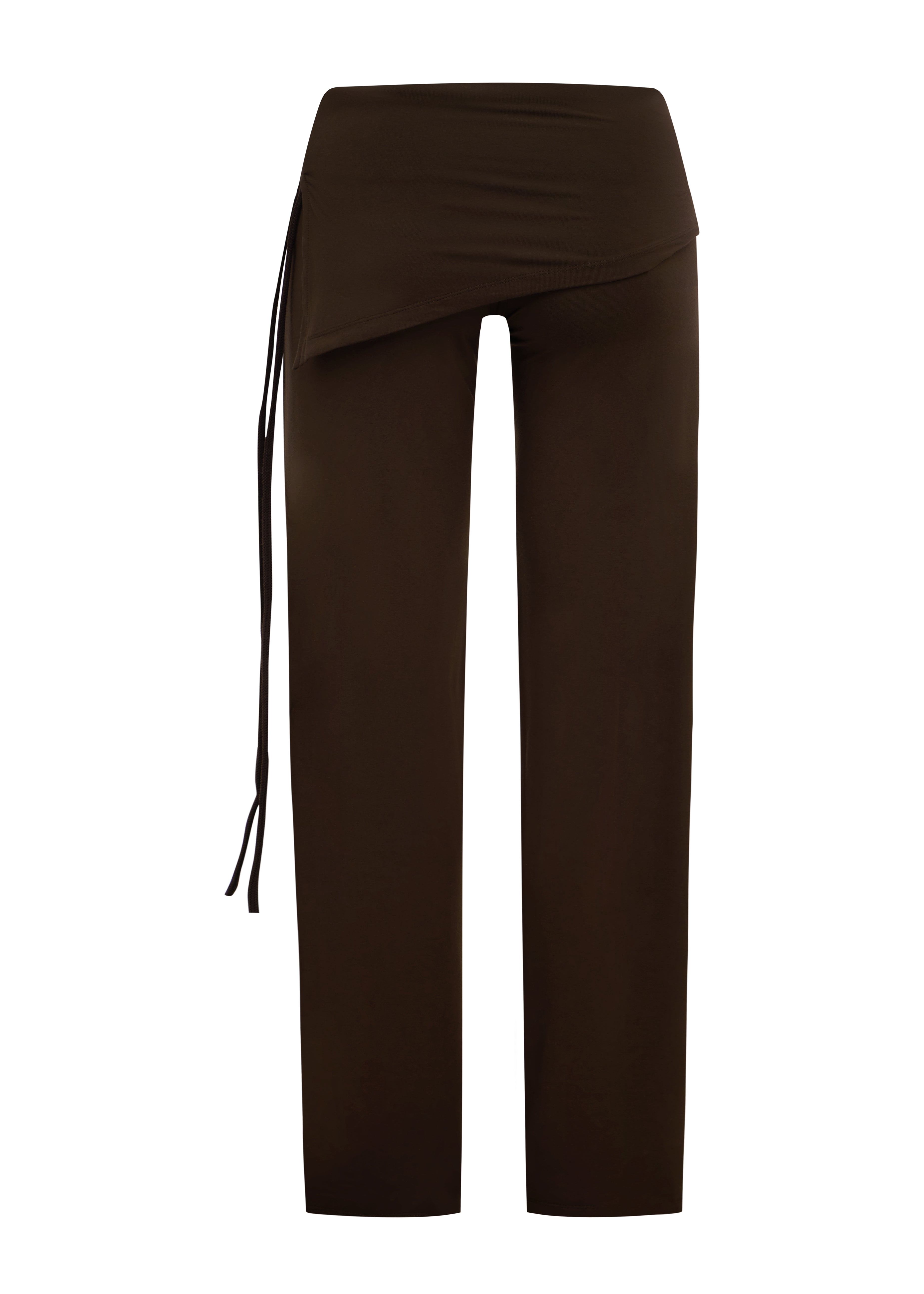 A pair of dark brown pants with an asymmetrical wrap-style waist and a side drawstring, shown against a plain white background.