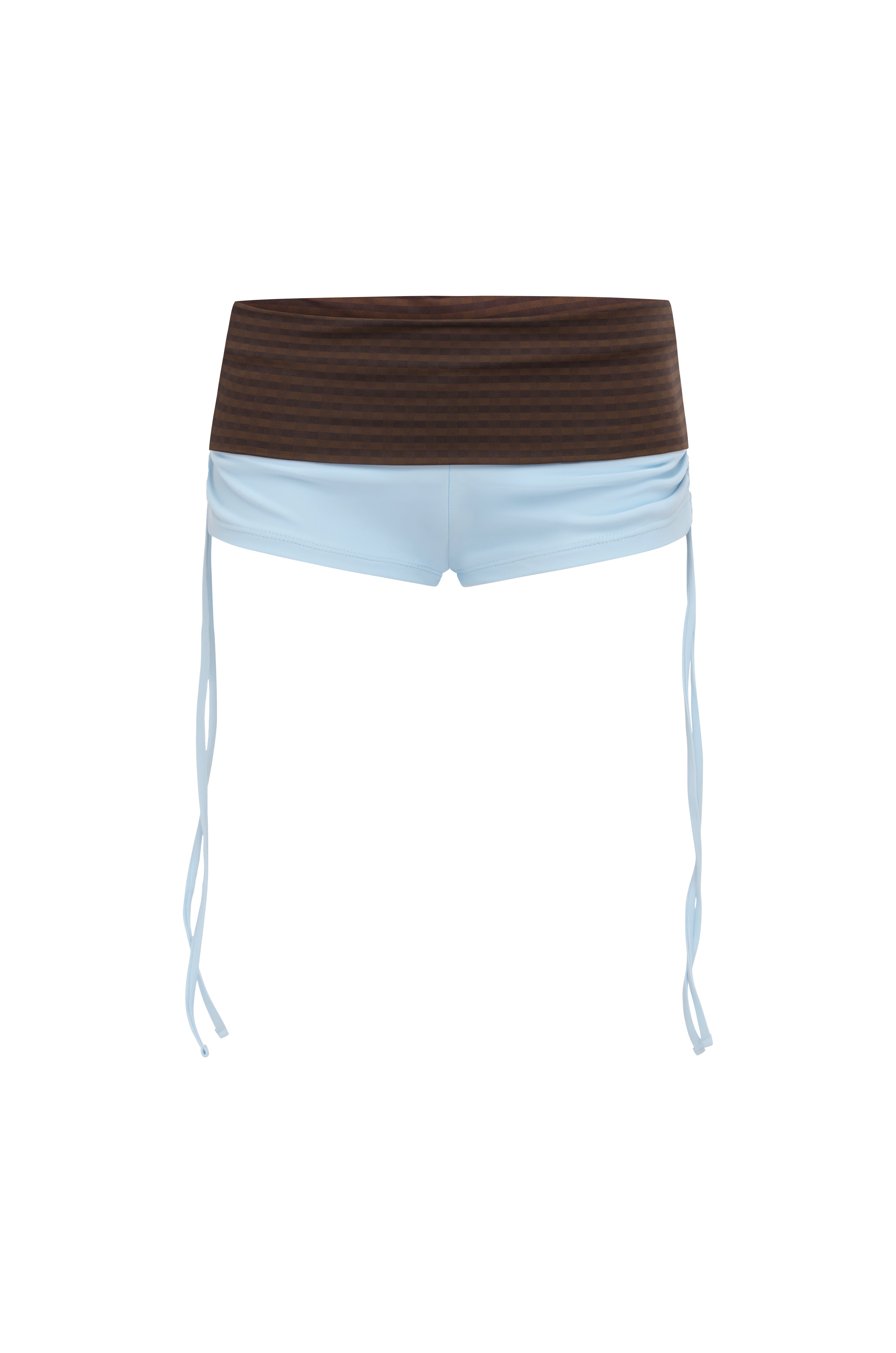 Blue bikini shorts with a brown gingham print waistband, featuring thin light blue side ties hanging down, shown against a plain white background.