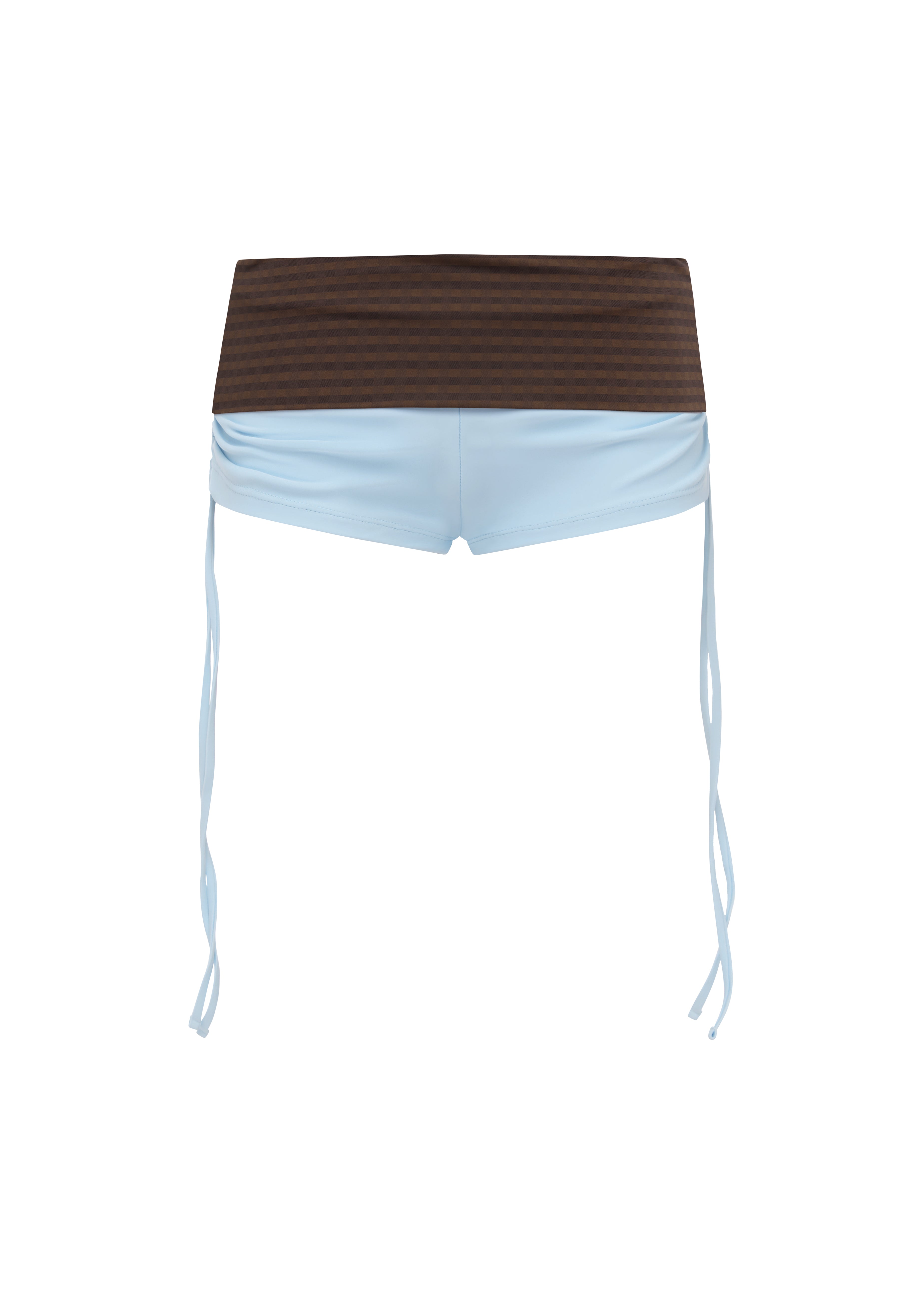 Blue bikini shorts with a brown gingham print waistband, featuring thin light blue side ties hanging down, shown against a plain white background.