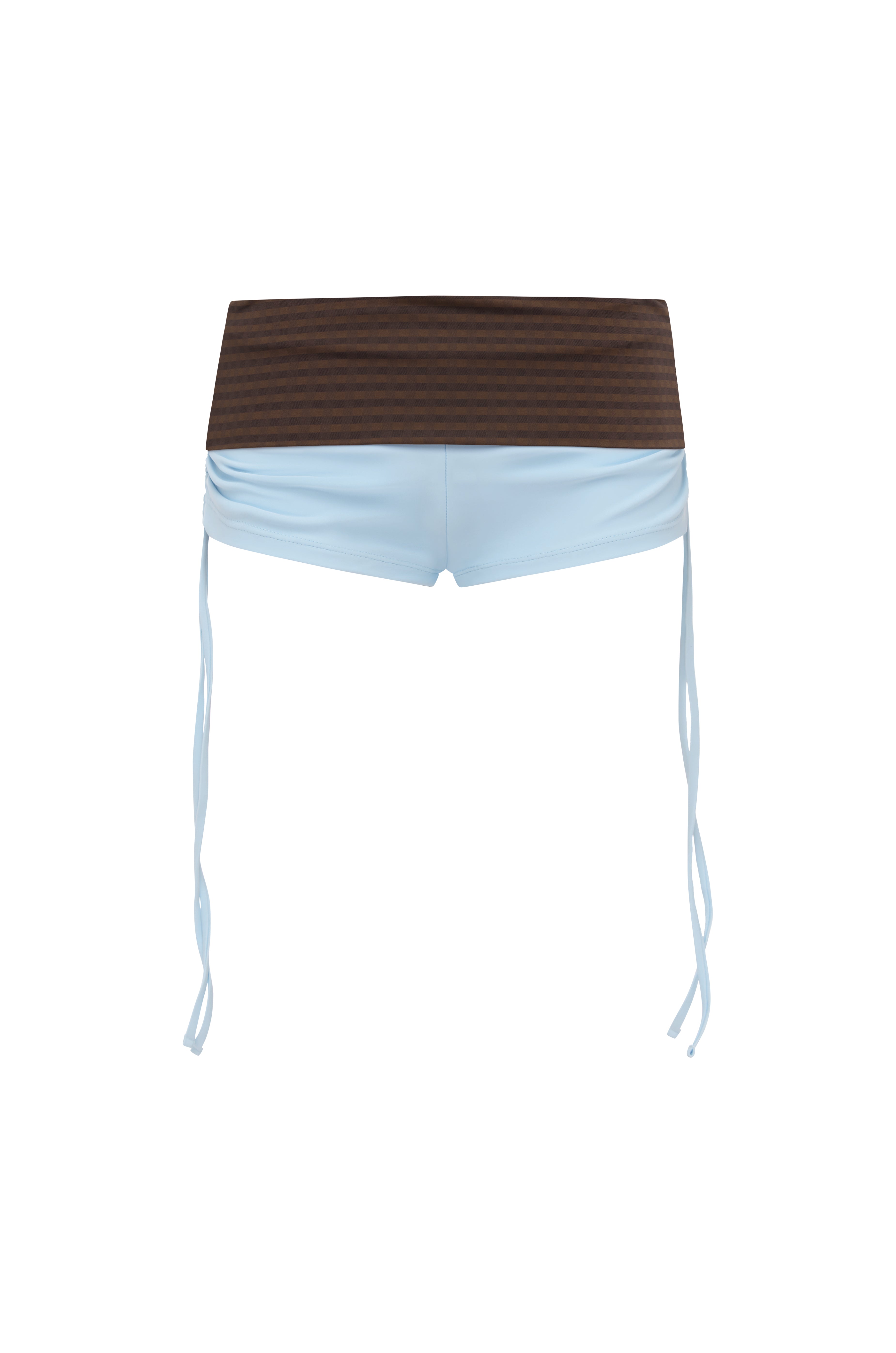 Blue bikini shorts with a brown gingham print waistband, featuring thin light blue side ties hanging down, shown against a plain white background.