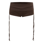 Brown bikini shorts with a brown gingham print waistband, featuring thin side ties hanging down, shown against a plain white background.