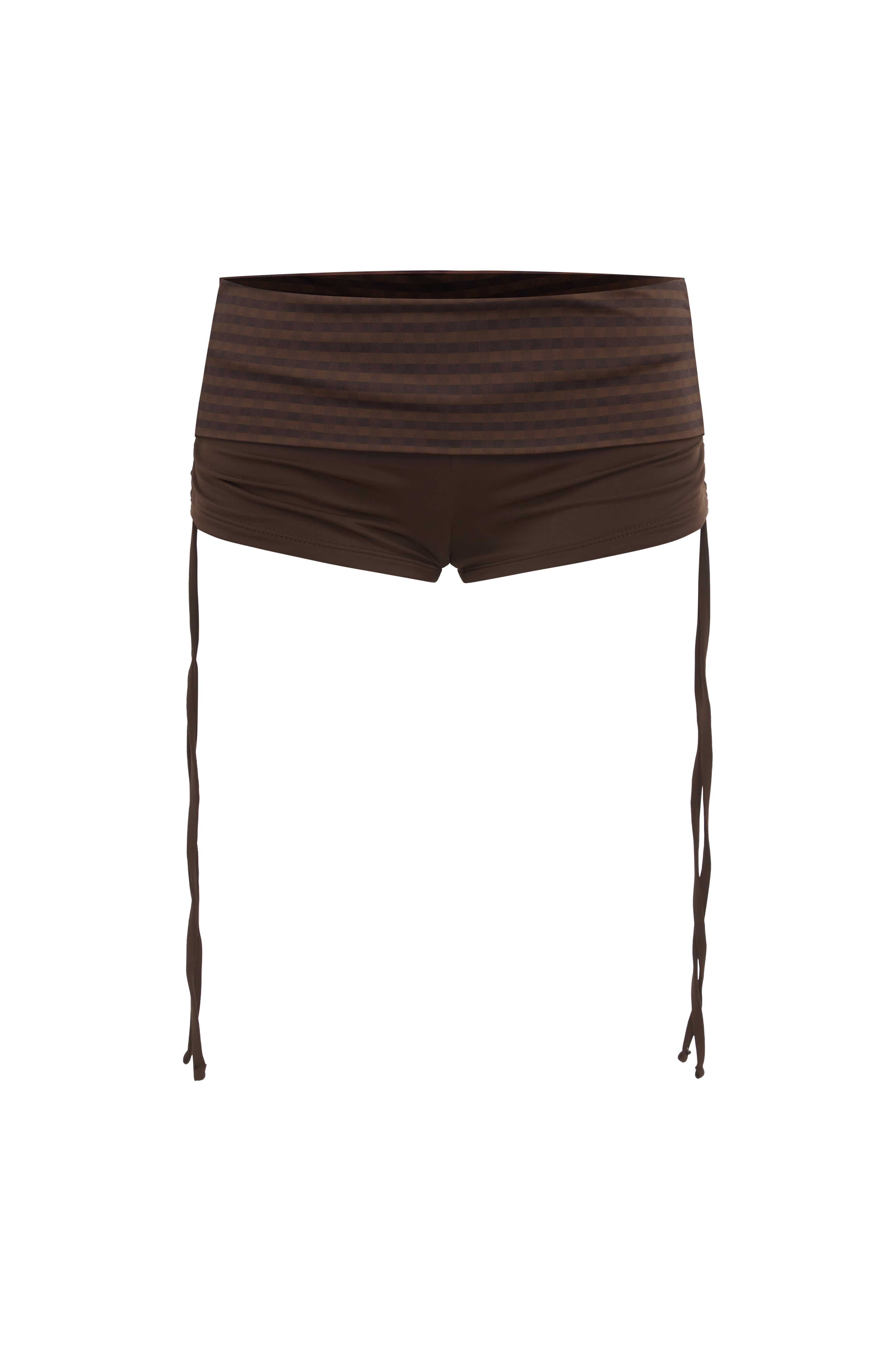 Brown bikini shorts with a brown gingham print waistband, featuring thin side ties hanging down, shown against a plain white background.