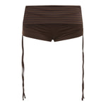 Brown bikini shorts with a brown gingham print waistband, featuring thin side ties hanging down, shown against a plain white background.