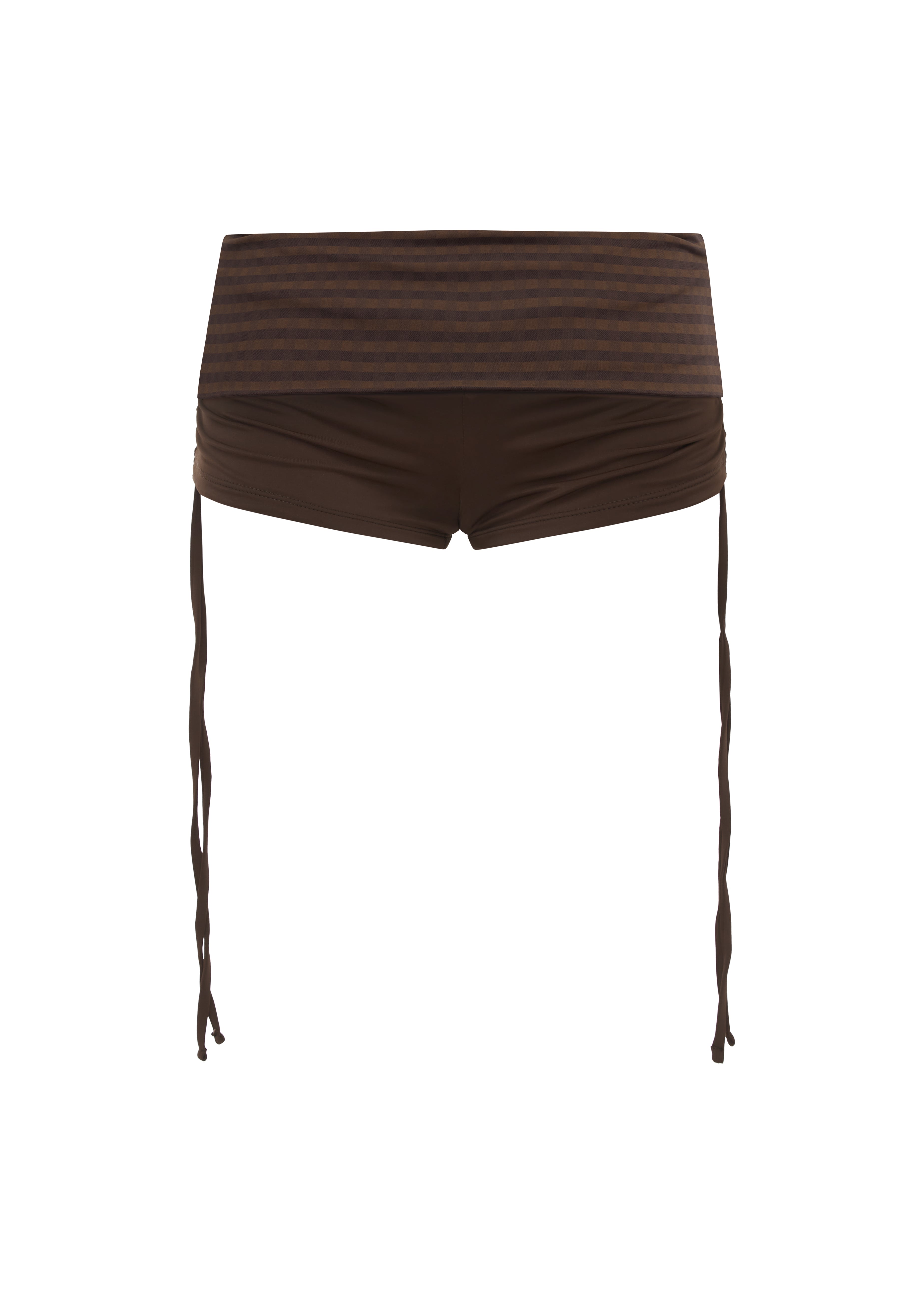 Brown bikini shorts with a brown gingham print waistband, featuring thin side ties hanging down, shown against a plain white background.