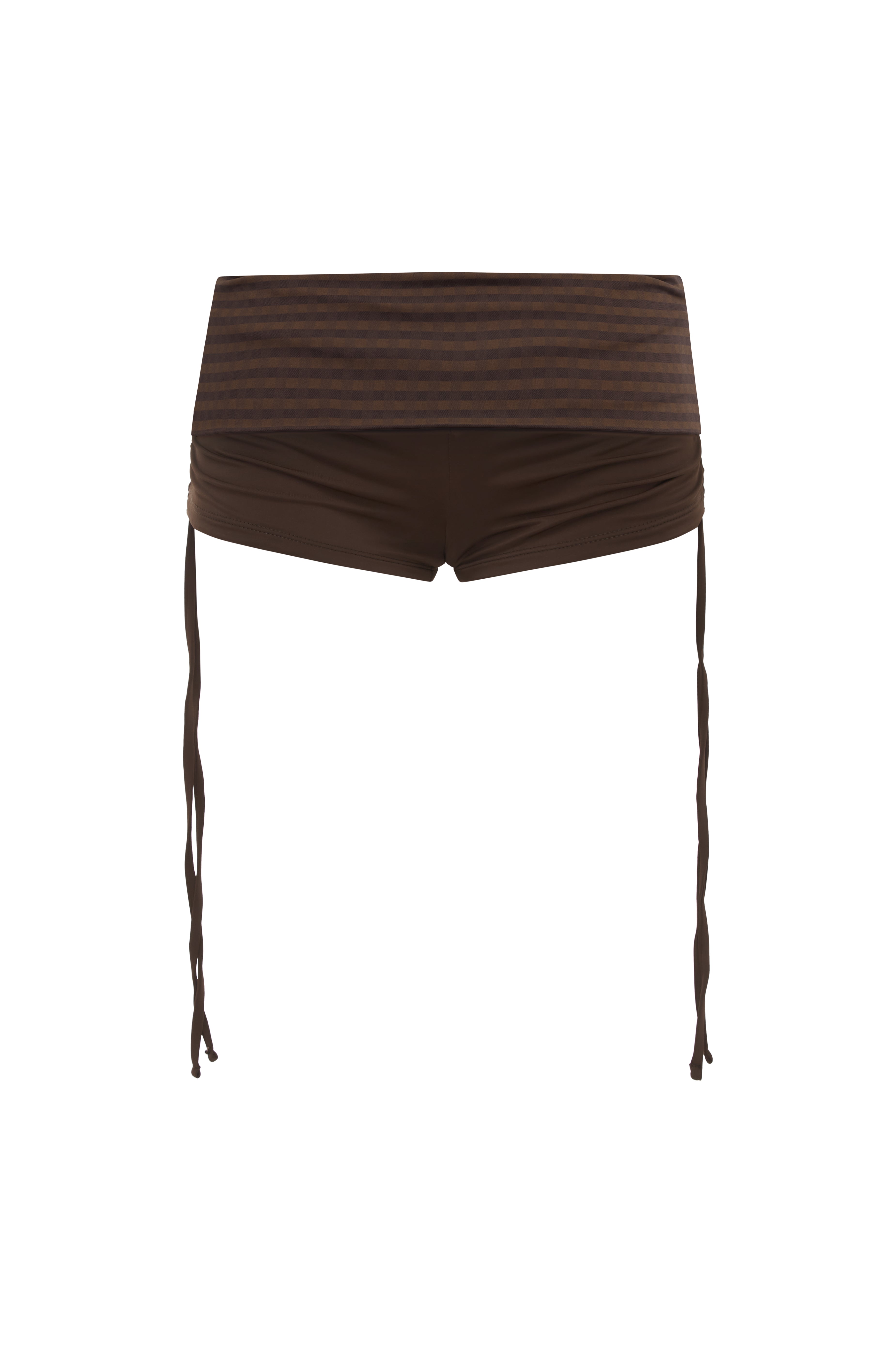 Brown bikini shorts with a brown gingham print waistband, featuring thin side ties hanging down, shown against a plain white background.