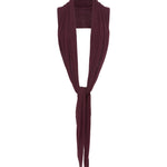 A burgundy knit draped top over a mannequin neck against a plain white background.