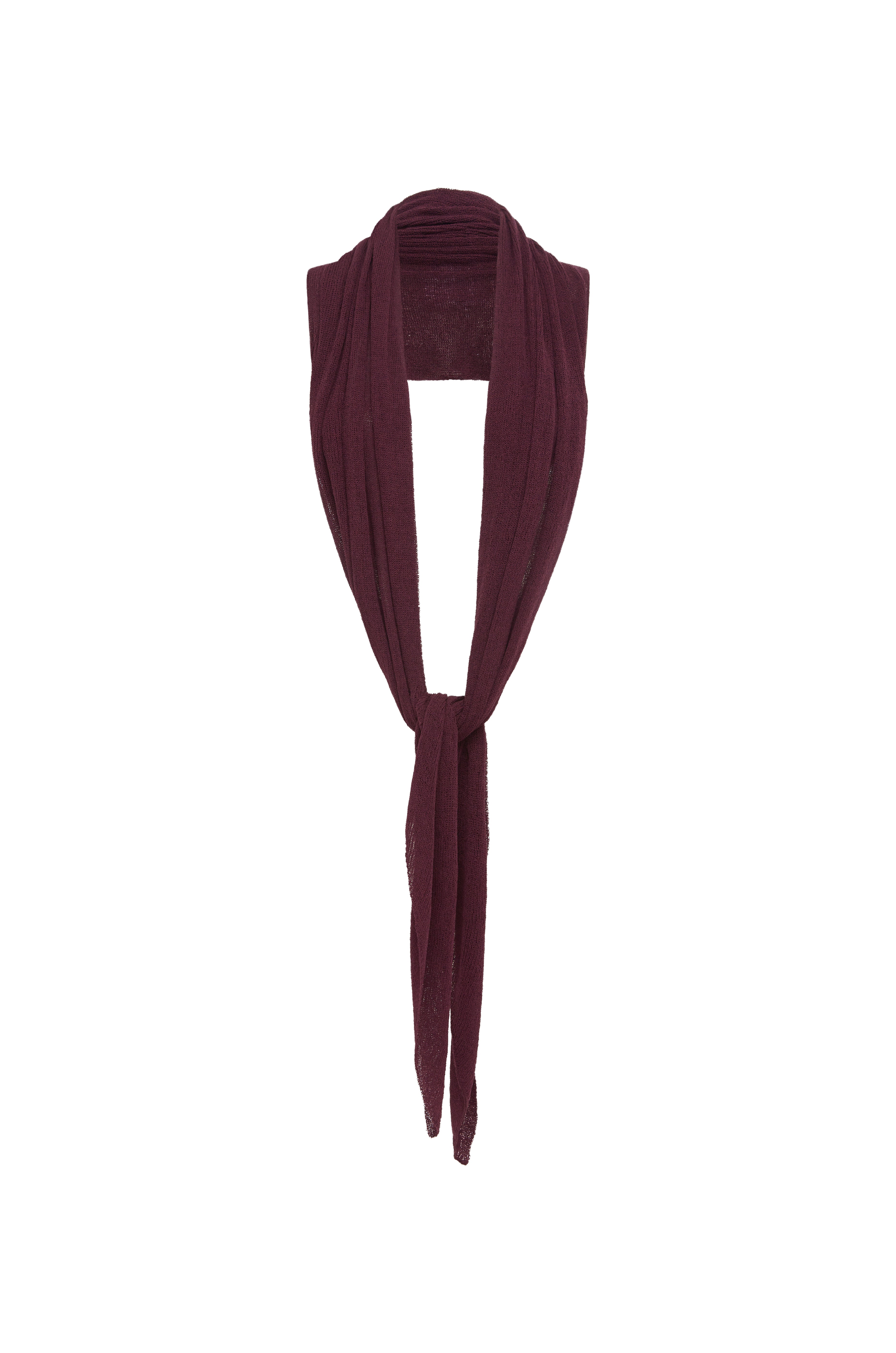 A burgundy knit draped top over a mannequin neck against a plain white background.