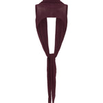 A burgundy knit draped top over a mannequin neck against a plain white background.