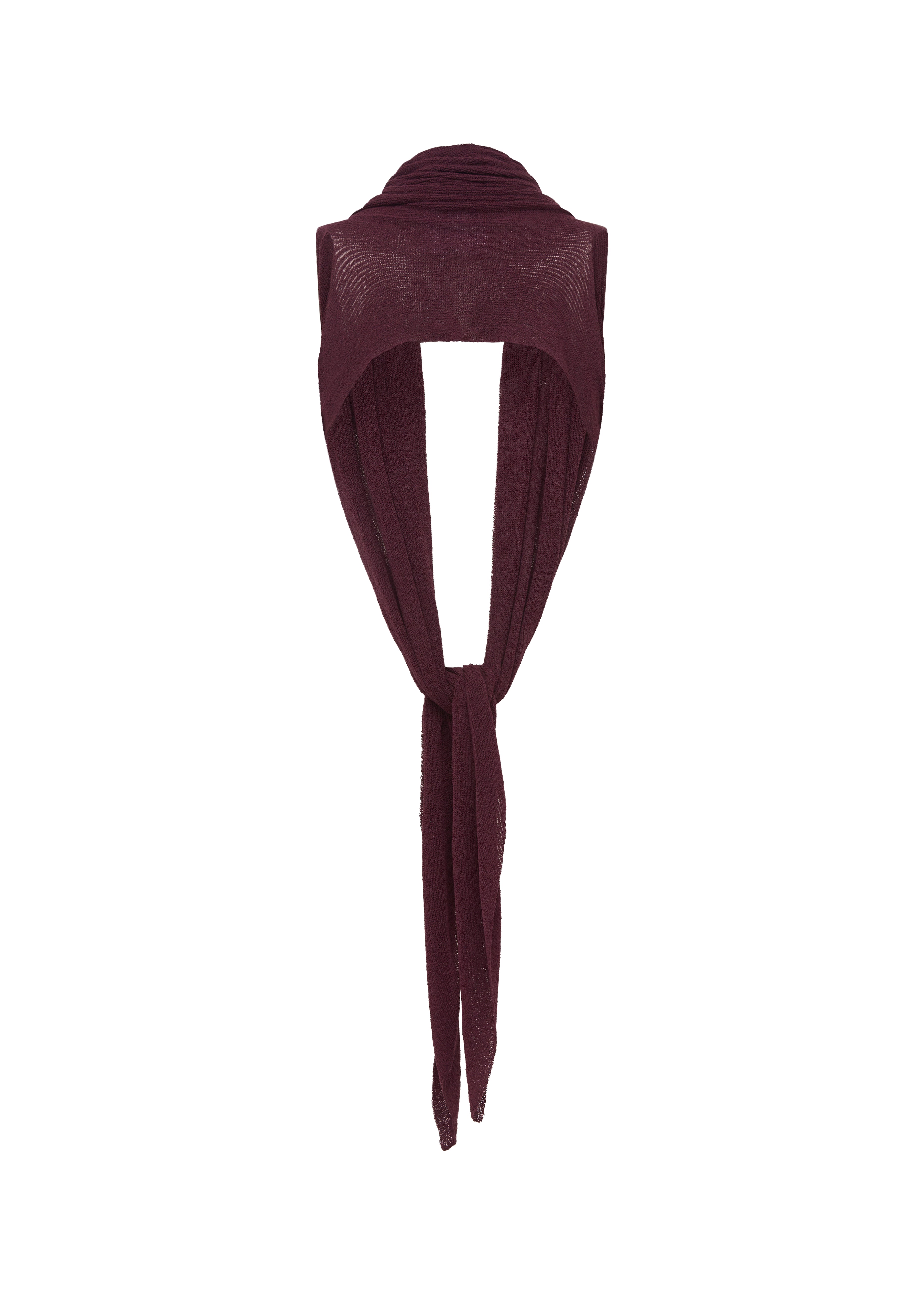 A burgundy knit draped top over a mannequin neck against a plain white background.