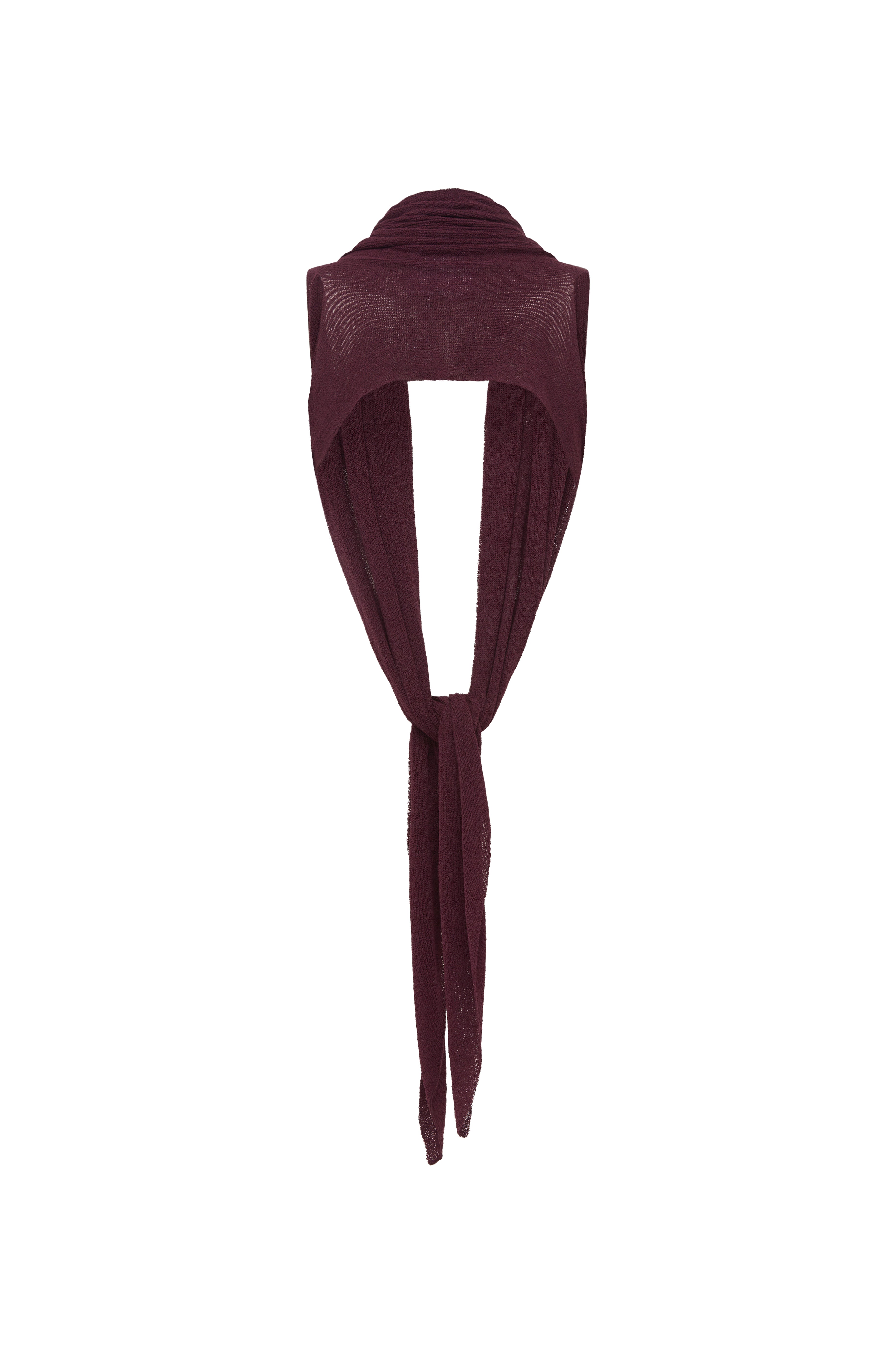 A burgundy knit draped top over a mannequin neck against a plain white background.