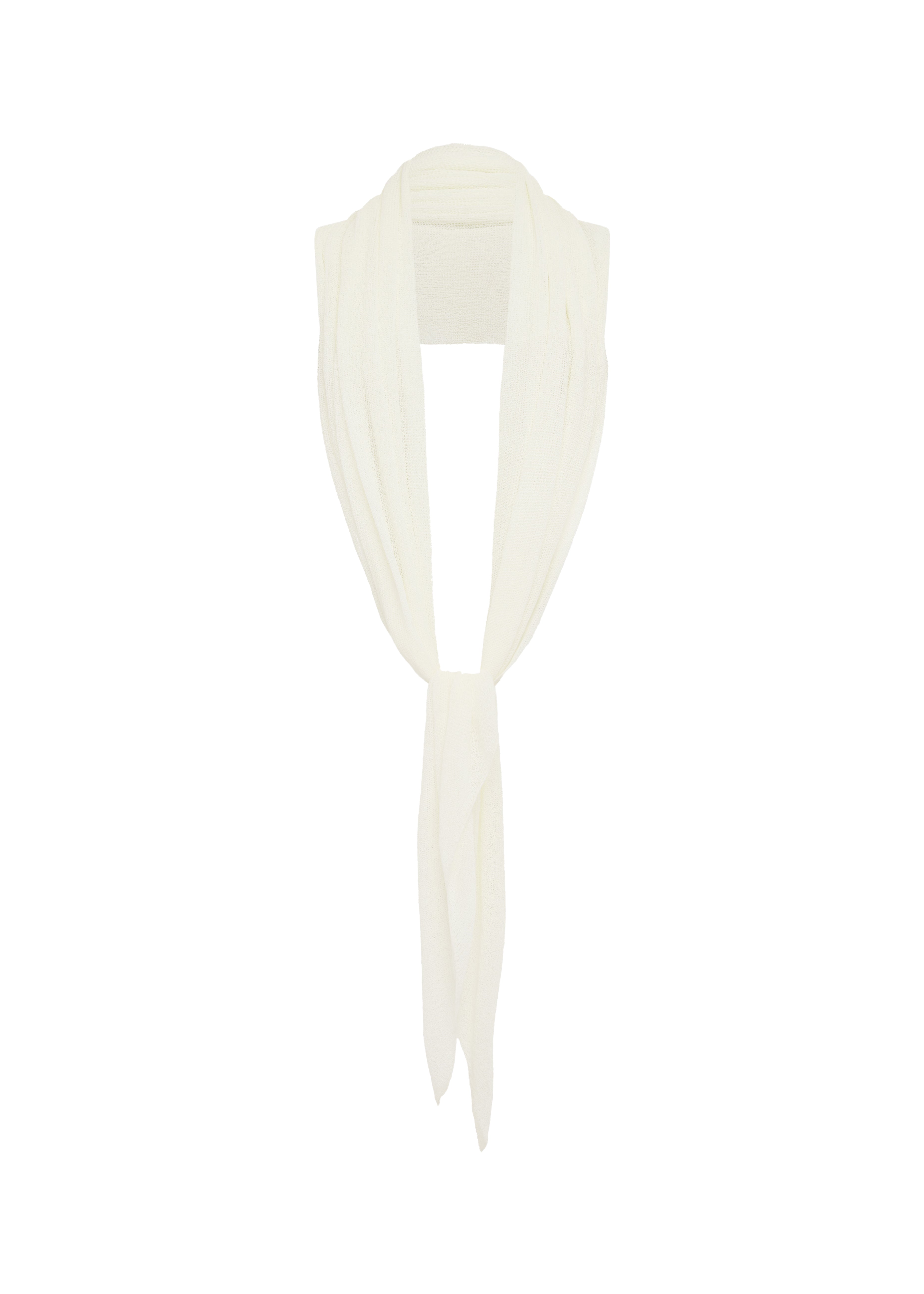 Ivory knit draped top over a mannequin neck against a plain white background.