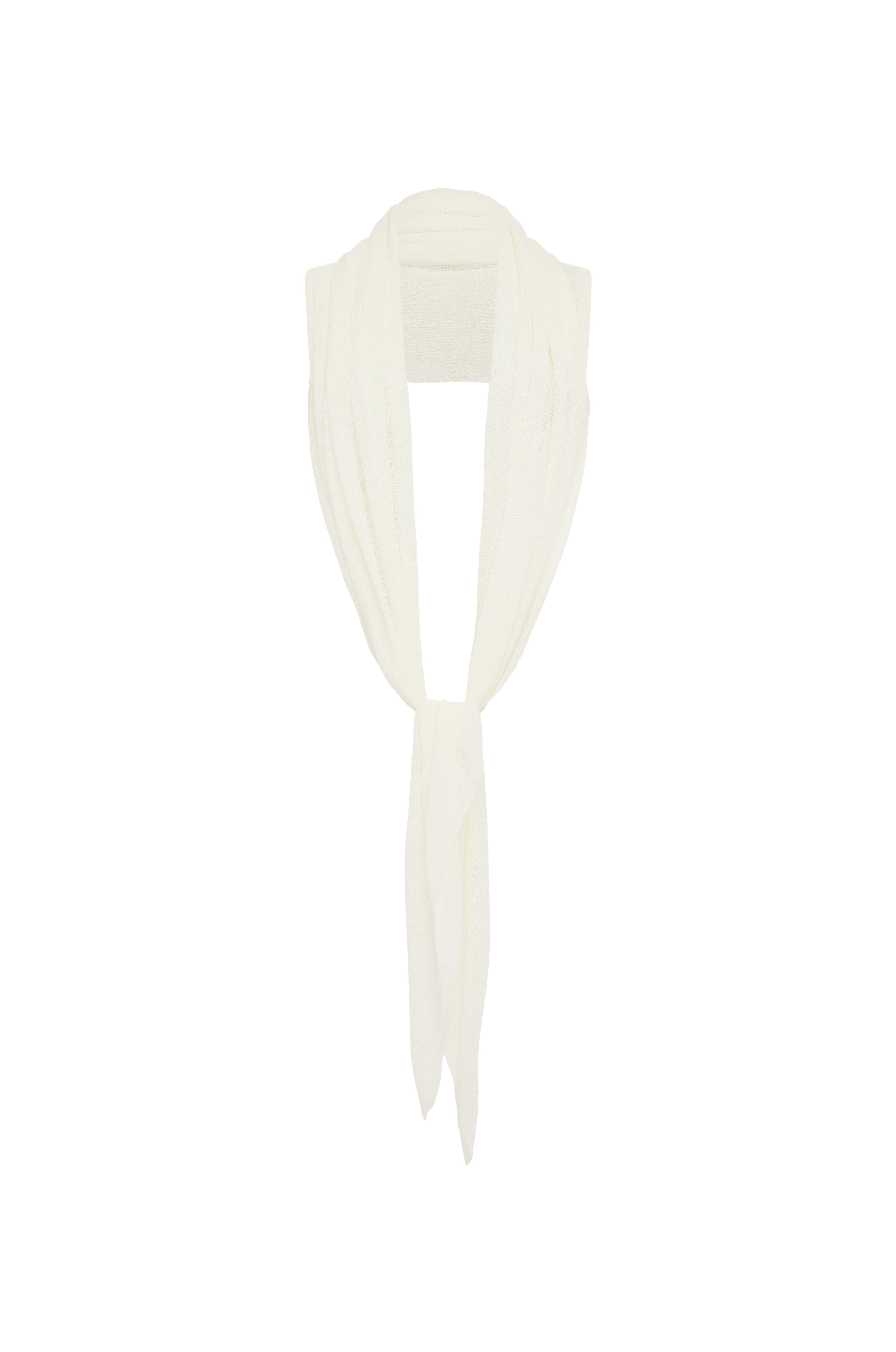 Ivory knit draped top over a mannequin neck against a plain white background.
