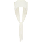 Ivory knit draped top over a mannequin neck against a plain white background.