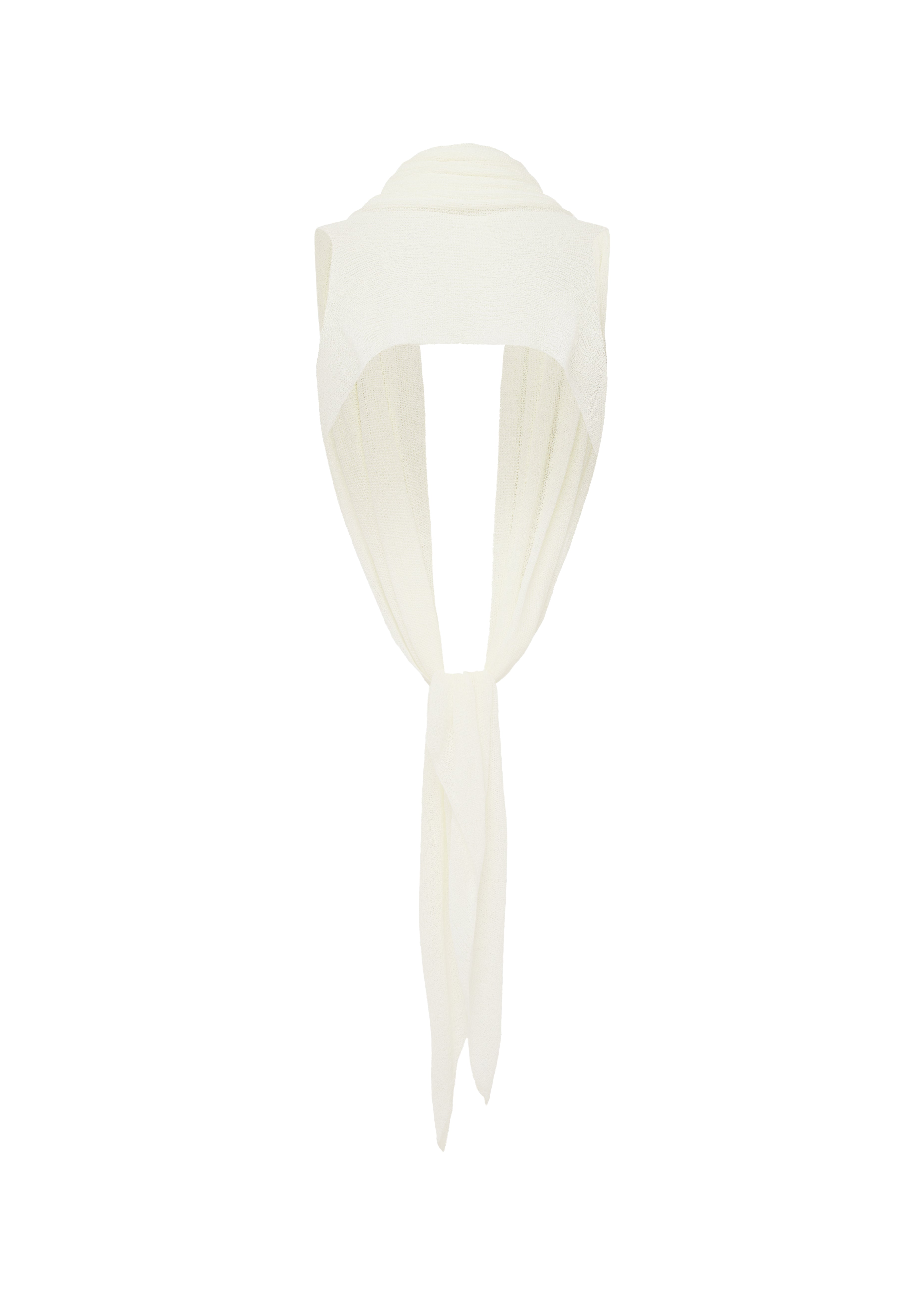 Ivory knit draped top over a mannequin neck against a plain white background.