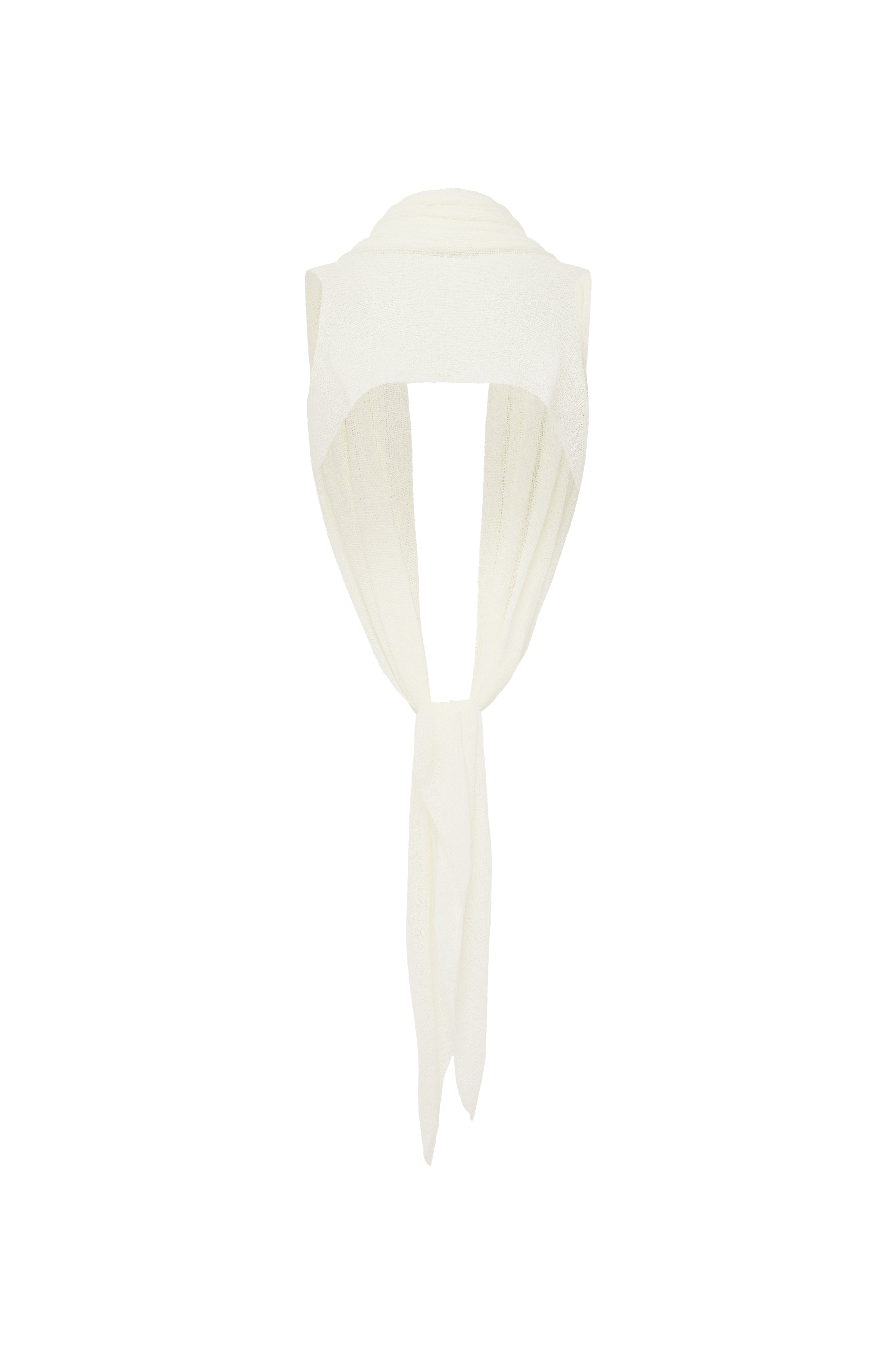 Ivory knit draped top over a mannequin neck against a plain white background.