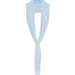 A light blue knit draped top over a mannequin neck against a plain white background.