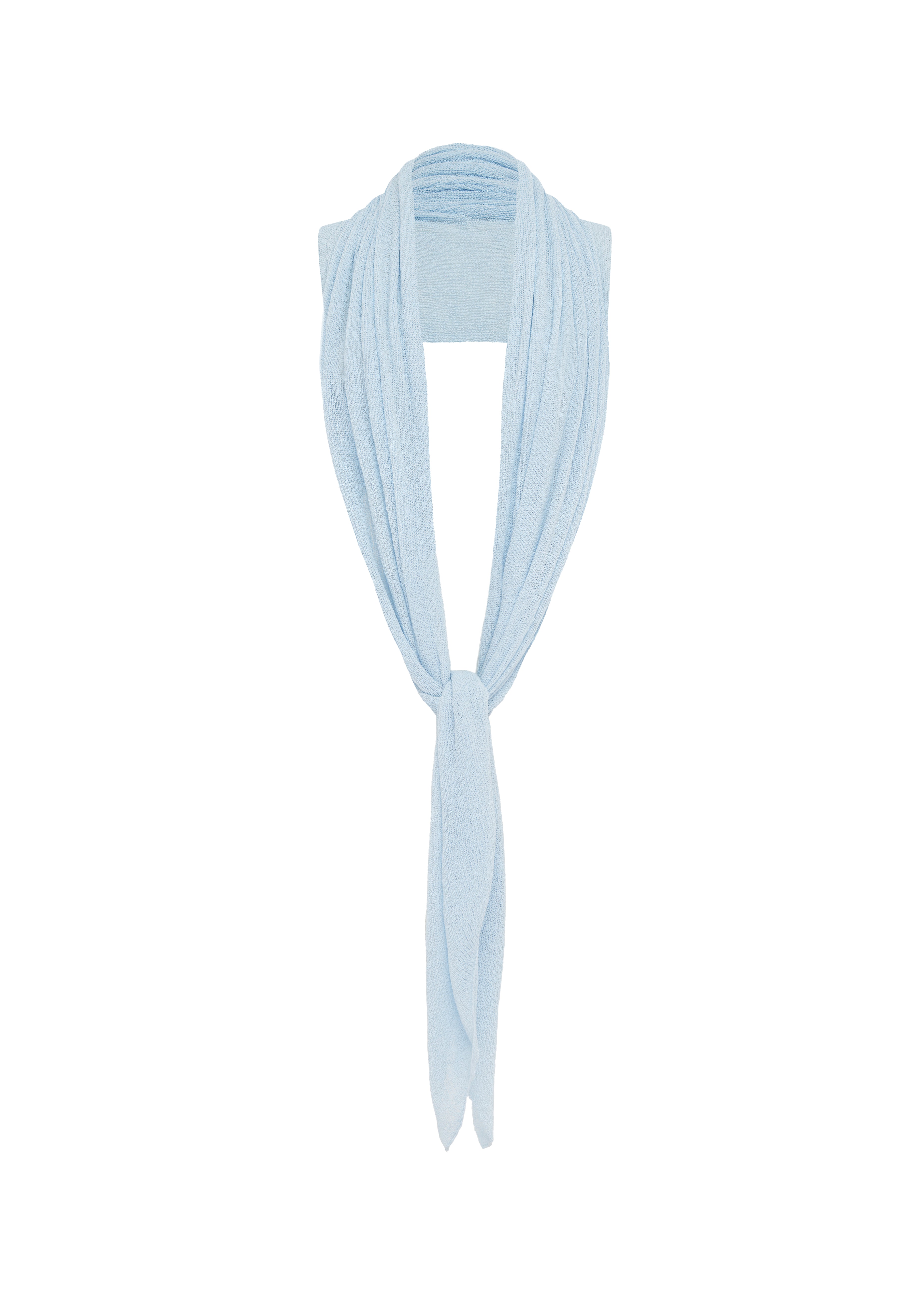 A light blue knit draped top over a mannequin neck against a plain white background.