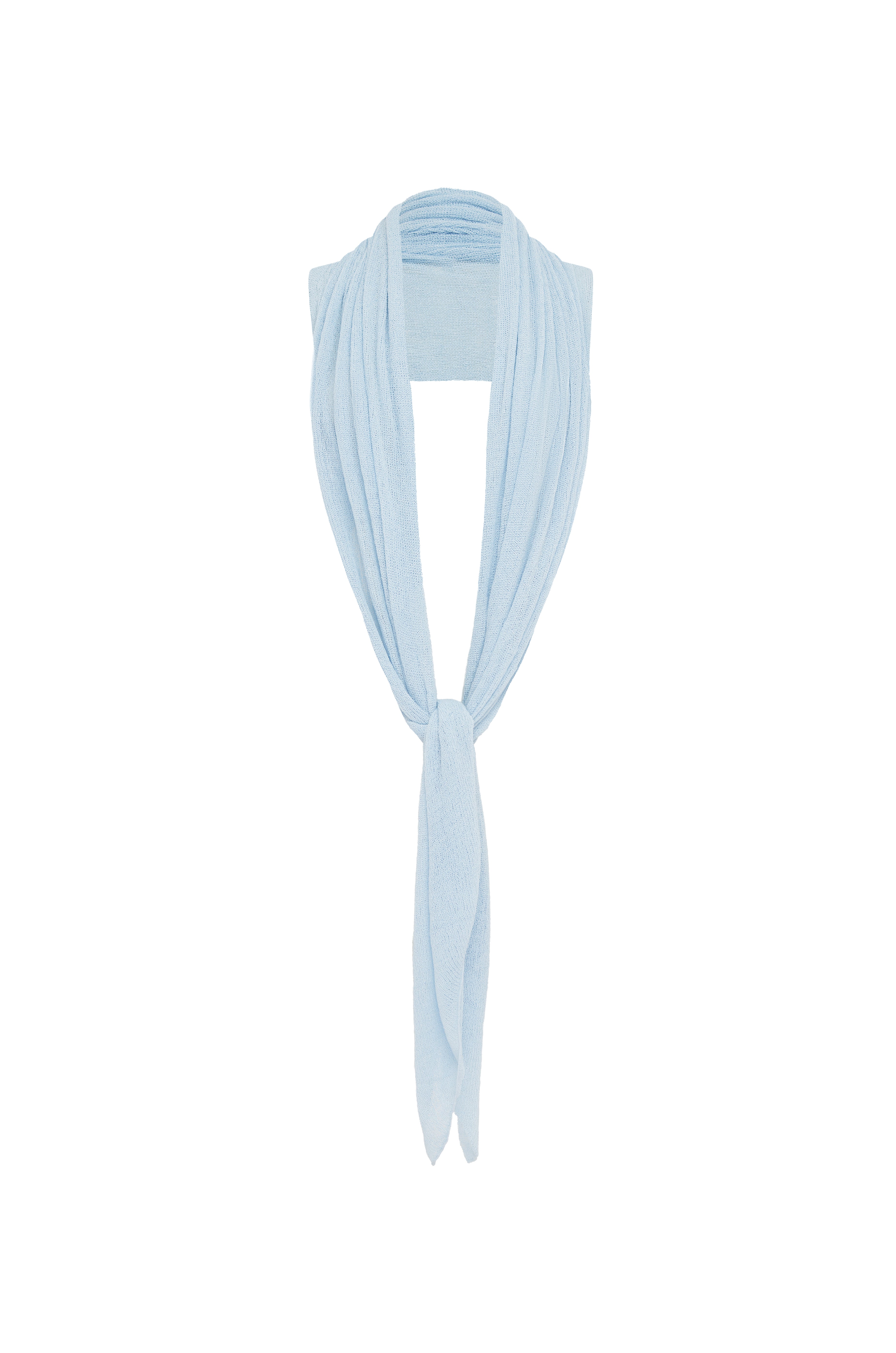 A light blue knit draped top over a mannequin neck against a plain white background.