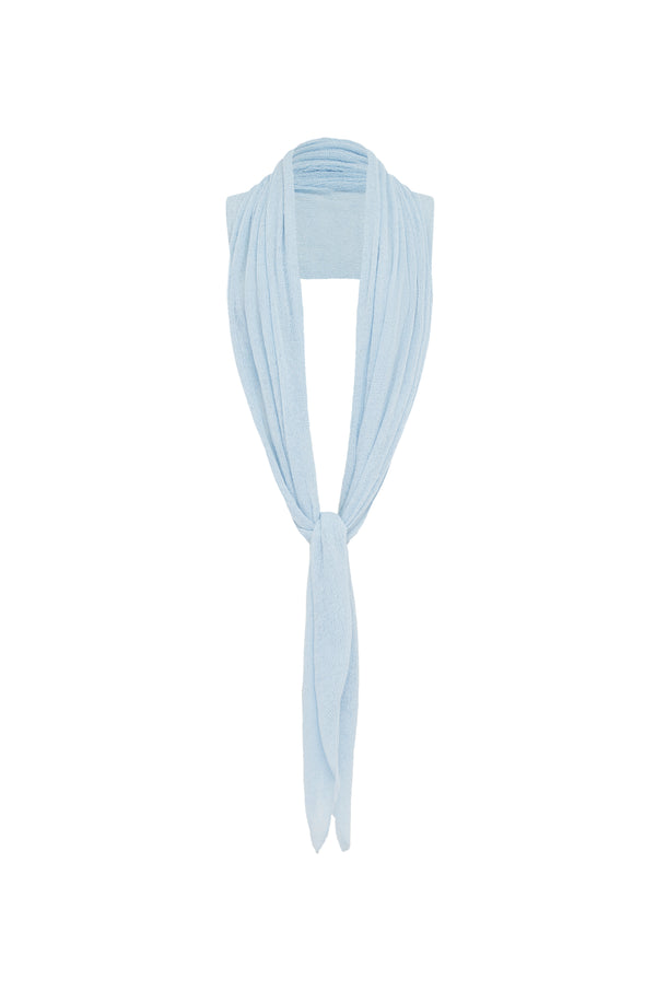 A light blue knit draped top over a mannequin neck against a plain white background.