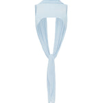 A light blue knit draped top over a mannequin neck against a plain white background.