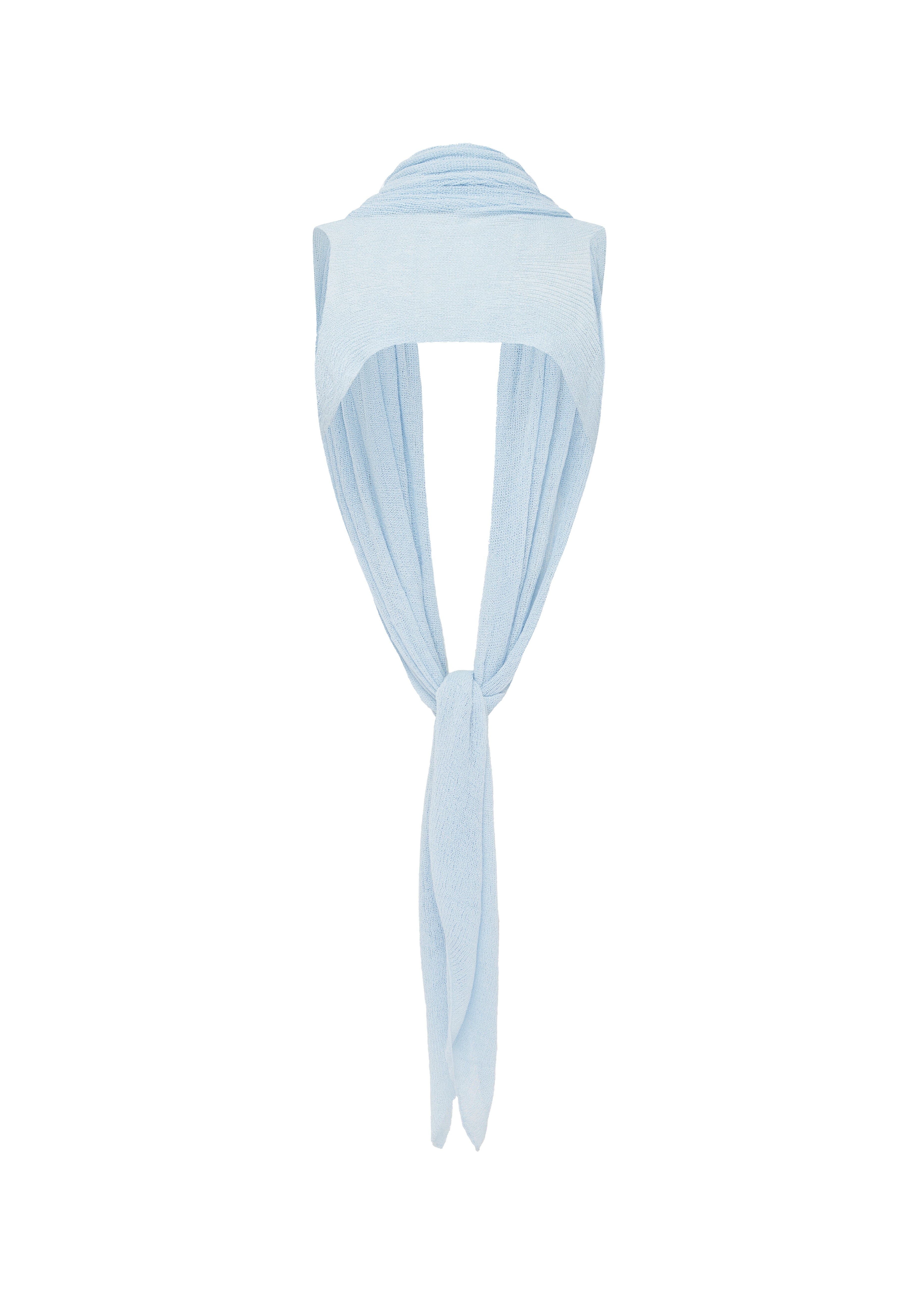 A light blue knit draped top over a mannequin neck against a plain white background.