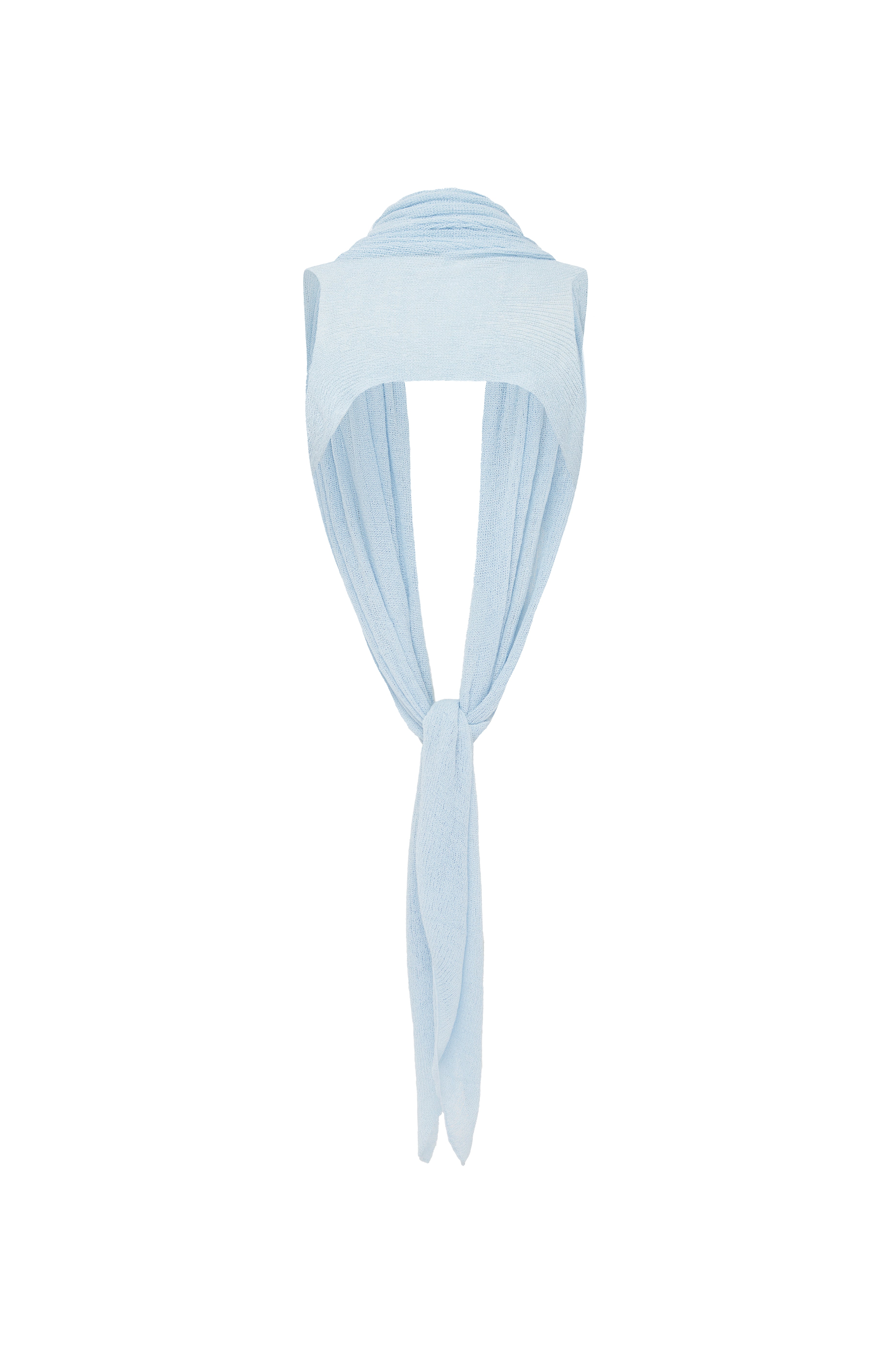 A light blue knit draped top over a mannequin neck against a plain white background.